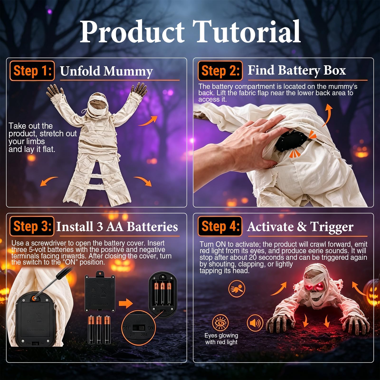 Décoration d'Halloween momie rampante activée par le son, Squelette aux Yeux Rouges et Effets Sonores Effrayants, Zombie brise-terre pour Halloween, Accessoire Horreur pour Intérieur et Extérieur