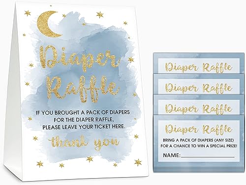 Juego de rifas de pañales para baby shower (1 letrero de pie + 50 tarjetas de búsqueda), boletos para sorteo de pañales de luna y estrellas para