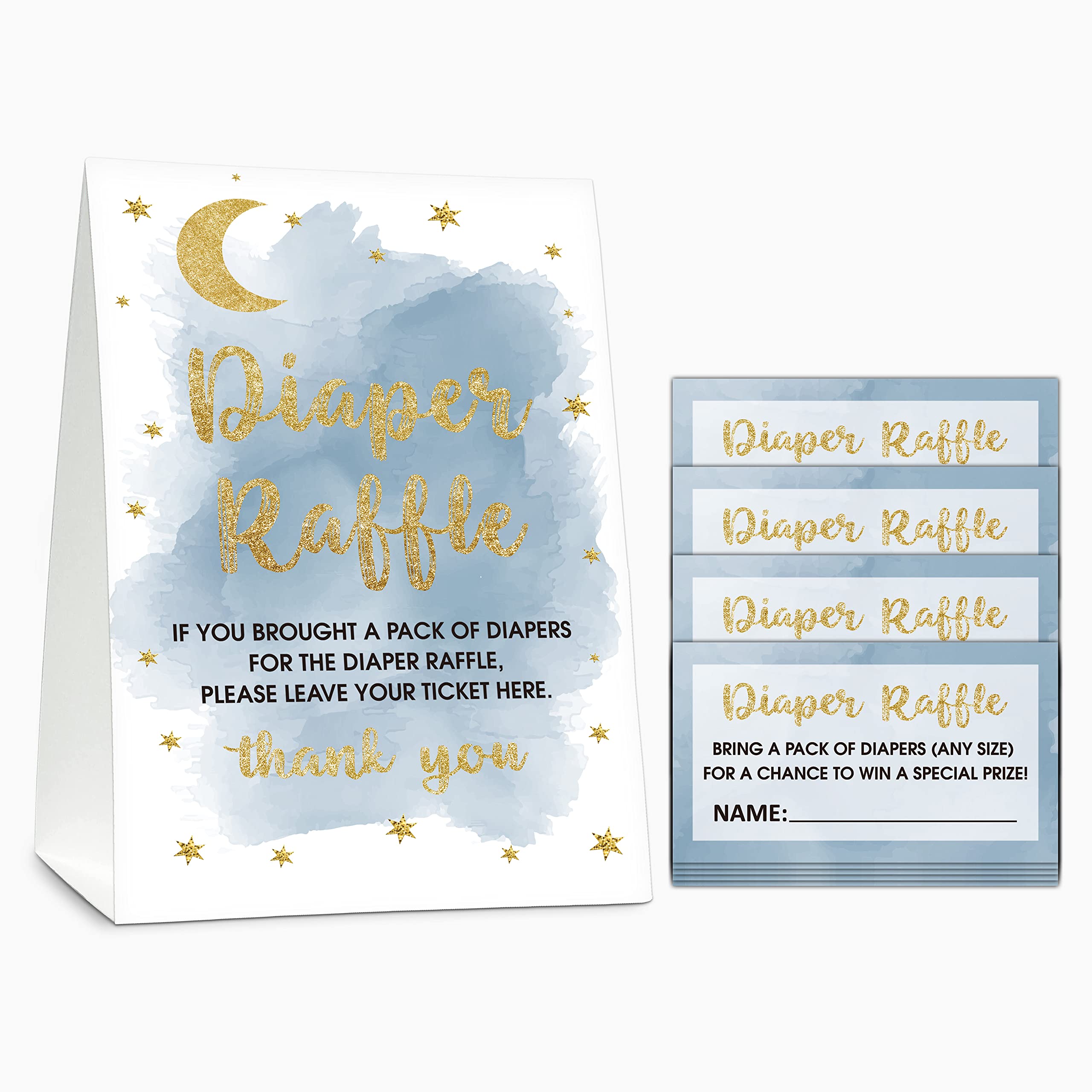 Gihyan Diaper Raffle Baby Shower Game Set(1 Standing Sign + 50 Finding Cards), Moon and Stars Diaper Raffle Tickets for Baby Shower, Twinkle Twinkle