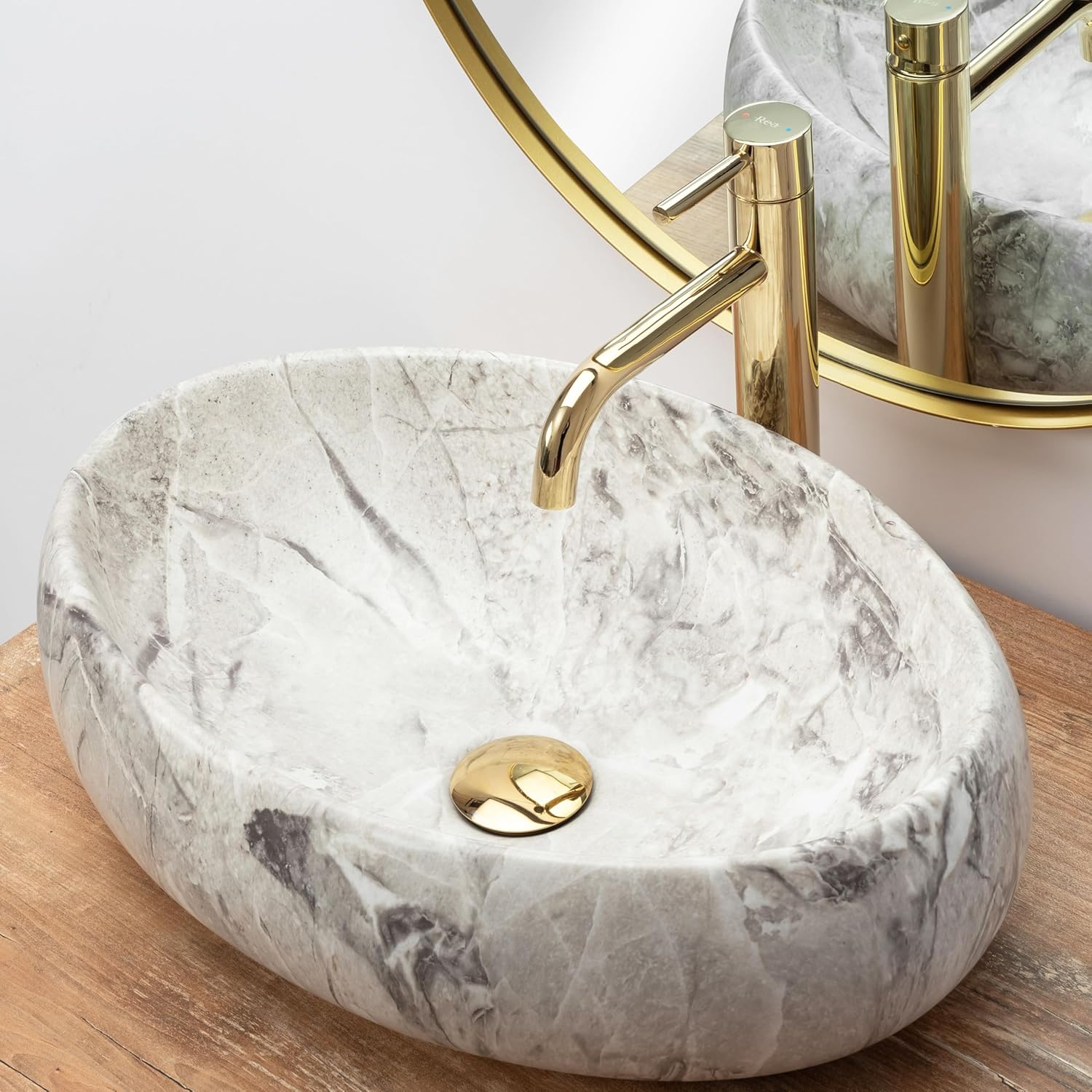 Rea Linda Stone Countertop Washbasin, Hand Washbasin, Sink for Bathroom, Made of High-Quality Ceramic, 485 x 340 x 145 mm (Brown, Imitation Stone)