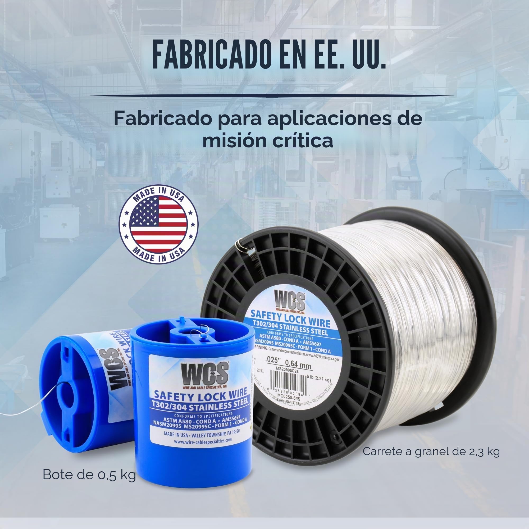 Cable de bloqueo, acero inoxidable, T302/304, NASM20995, MS20995C, ASTM A580 Cond A, AMS5697, 032 pulgadas (0,81 mm), lata dispensadora de 1 libra, aprox. 110 m