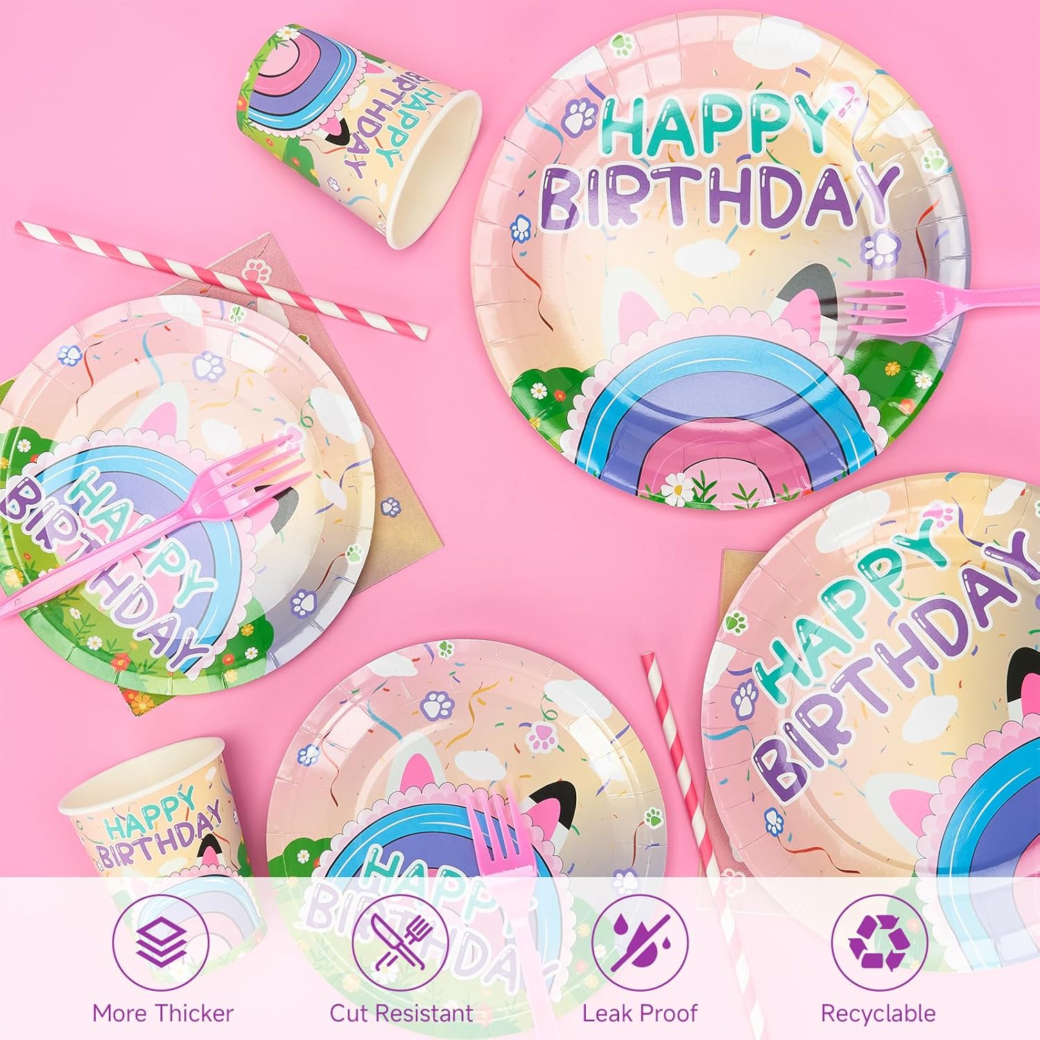 189pcs Cartoon Cat Theme Doll House Party Decorations Supplies - Include Tablecloth Balloons Banners Cake Topper Paper Plates Napkins Paper Cups for Birthday Baby Shower Serves 24 Guests