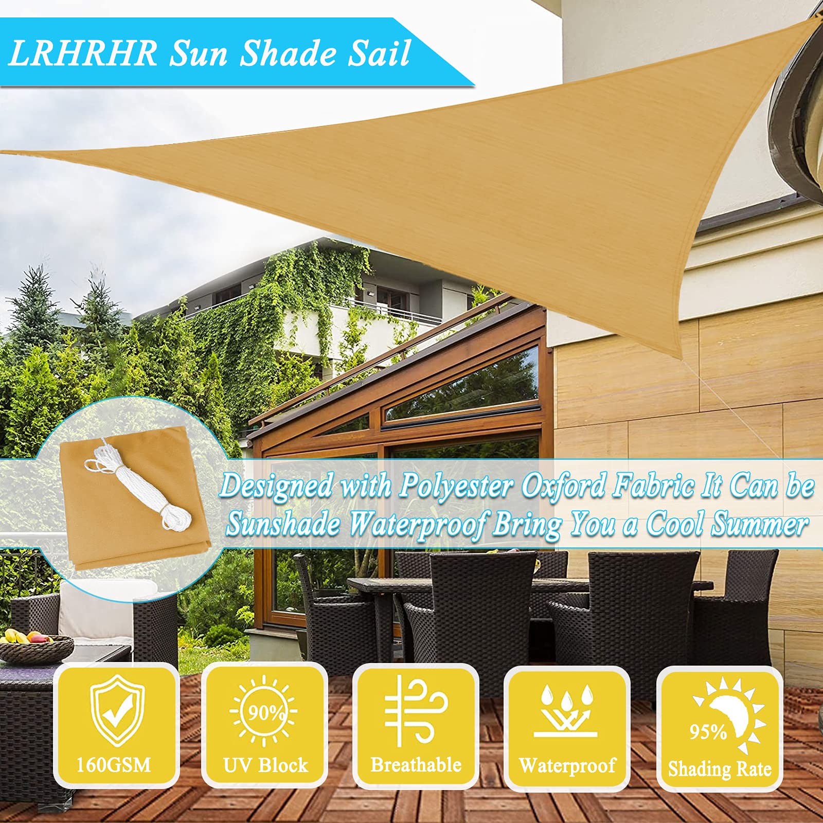 Sonnensegel Dreieckig Polyester Windschutz Wasserdicht UV Schutz Sonnensegel Sonnenschutz mit Befestigungs Kit, für Garten Balkon Camping- Sand|| 2.4x2.4x2.4m
