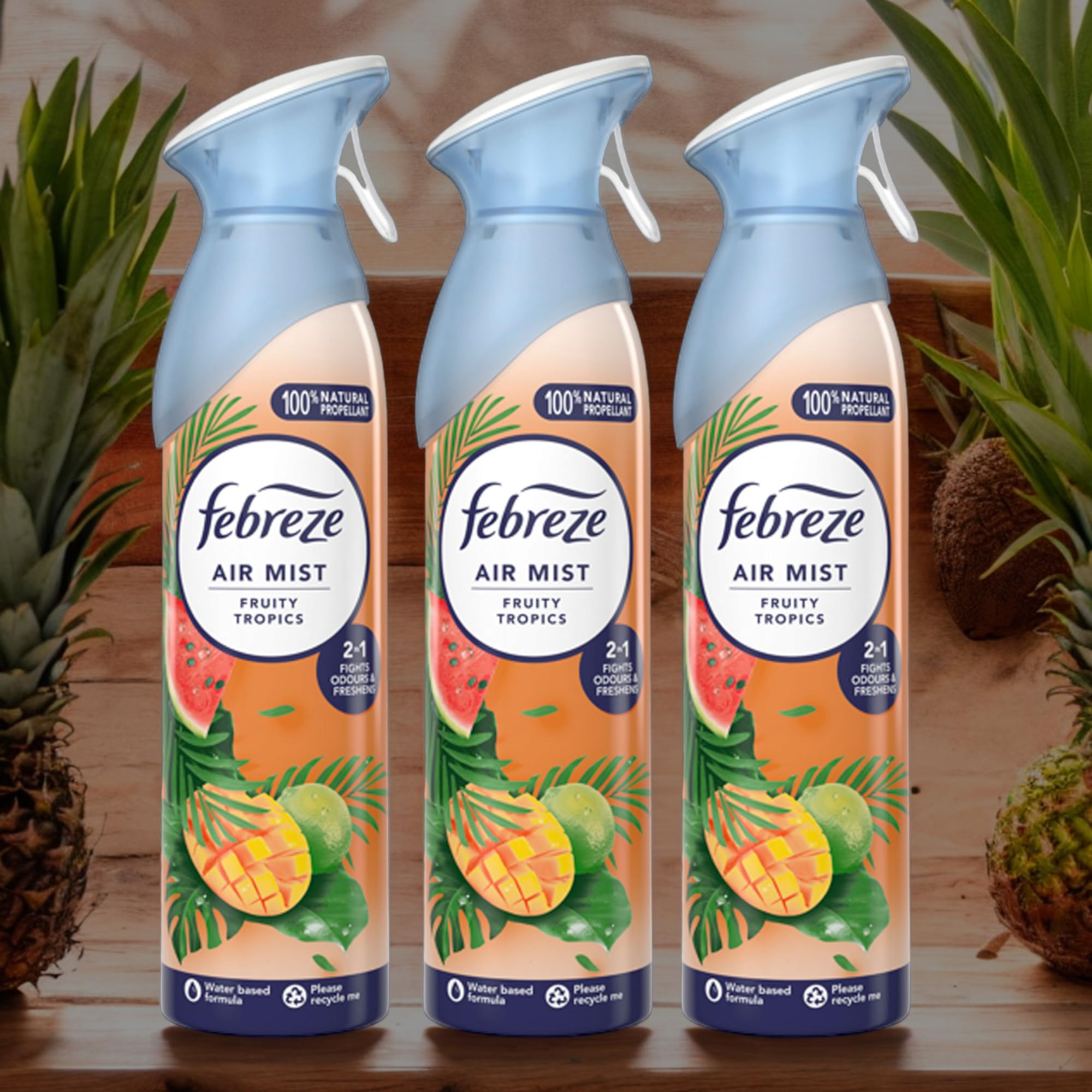 3 x 185ml Air Mist Air Freshener Spray odour Eliminator Home & Office Fragrances - Fruity Tropics Scent(Total 555ml)