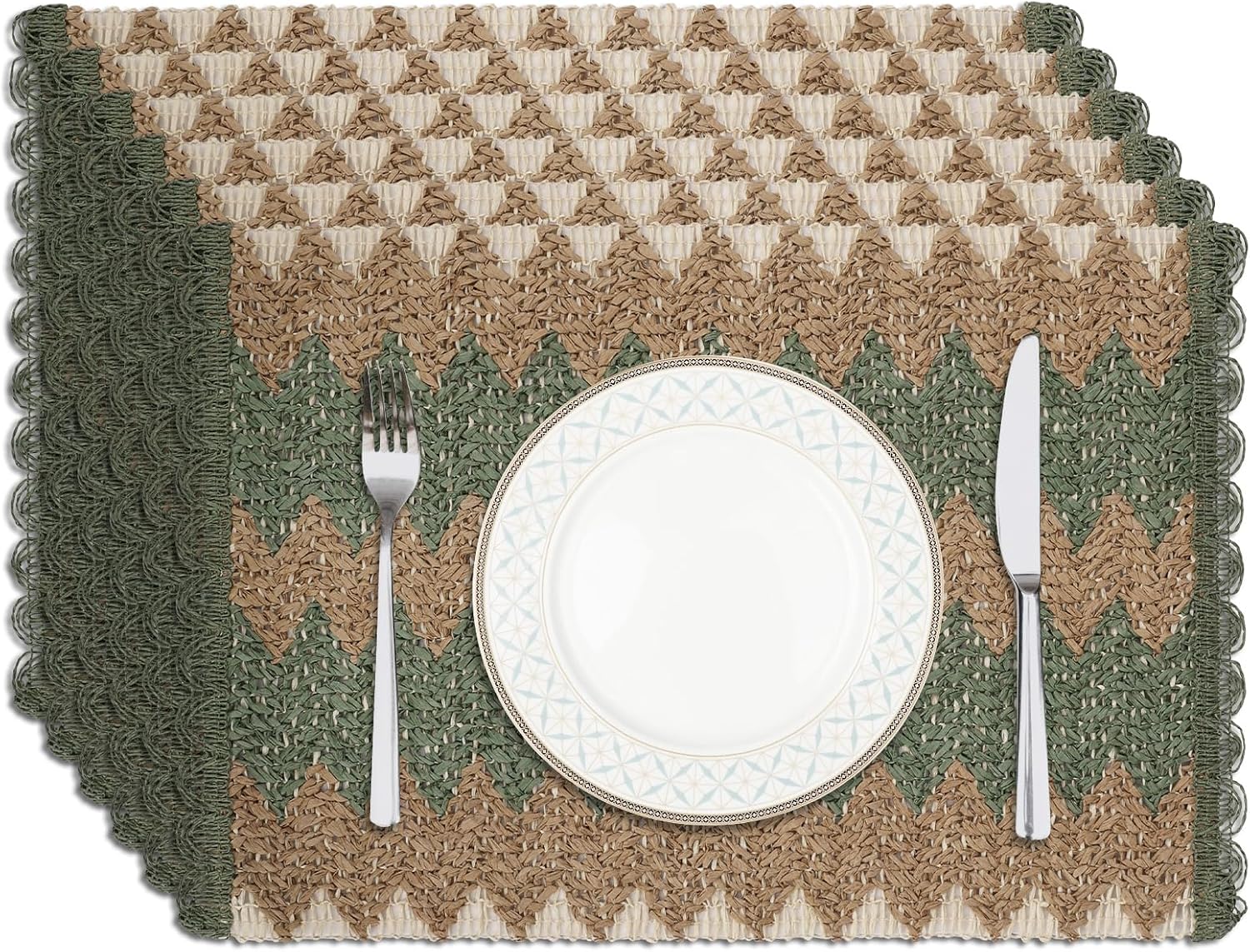 fanquare Green Rectangle Braided Placemats Set of 6, 12" x 18" Boho Woven Table Mats Scalloped Non-Slip Paper Mat for Dining Kitchen Decor