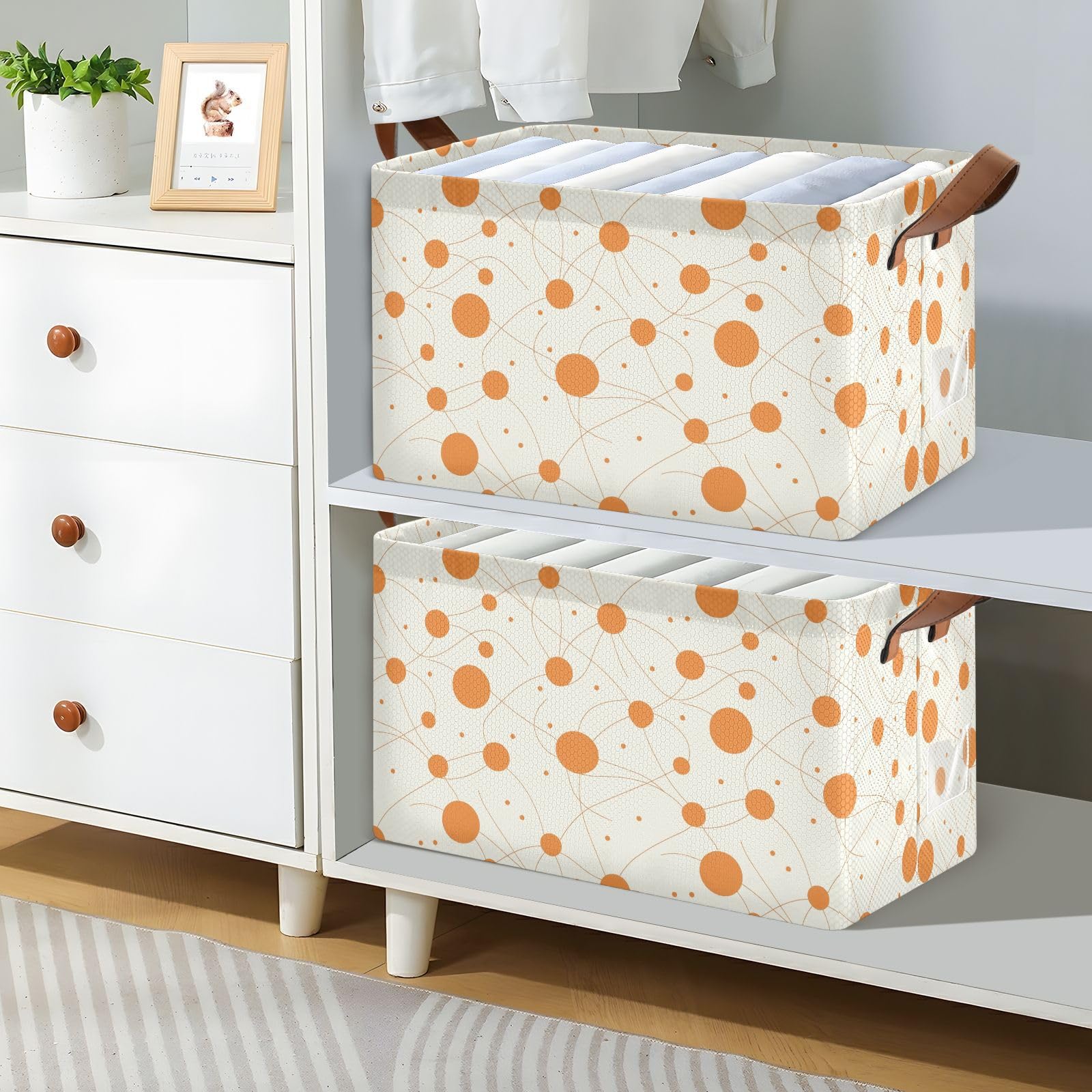KLL Cestas de almacenamiento grandes de tela con asas de lunares naranjas, minimalistas, grandes, para maquillaje, libros, estantes, sala de estar, paquete de 2 cajas de almacenamiento para armario