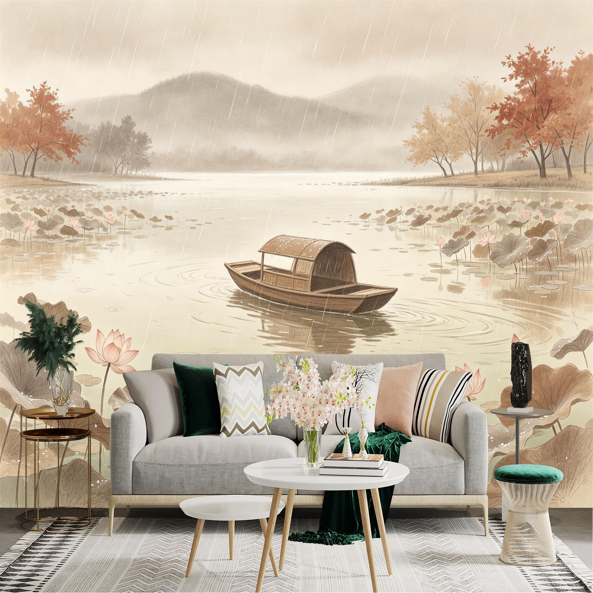Custom Size Wall Sticker Mural， Rainy Lake Scene with Traditional Wooden Boat， Lotus Flowers and Mist Mountains， for wall Decoration， peelandstick wall Decals.