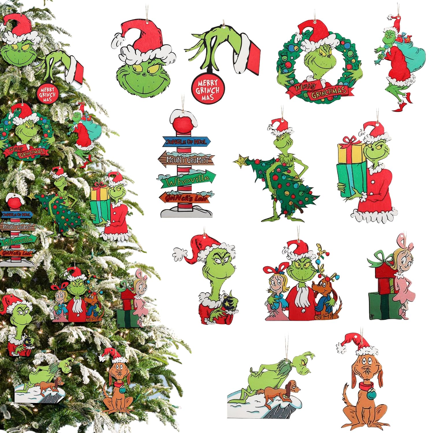 Grinch Colgante Ornamento, 24 Piezas Decoraciones Grinch Colgantes de Navidad, decoración de árbol de Grinchs, Adornos de Navidad Grinchs, Decoraciones Grinch navideñas, para decoración de Navidad