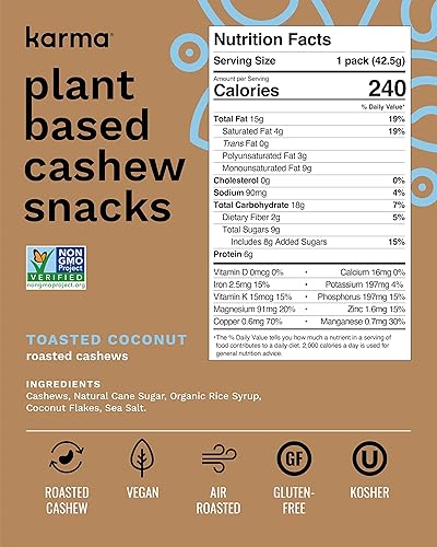 Miniatura 4 de Karma Nuts - Anacardos de coco tostados enteros dulces tostados veganos sin gluten bajos en carbohidratos netos natural bocadillo de nueces diario
