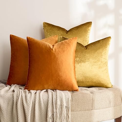 Miniatura 3 de GIGIZAZA Juego de 4 fundas de almohada de terciopelo dorado y naranja de 18 x 18 pulgadas, fundas decorativas suaves y cuadradas modernas para sofá