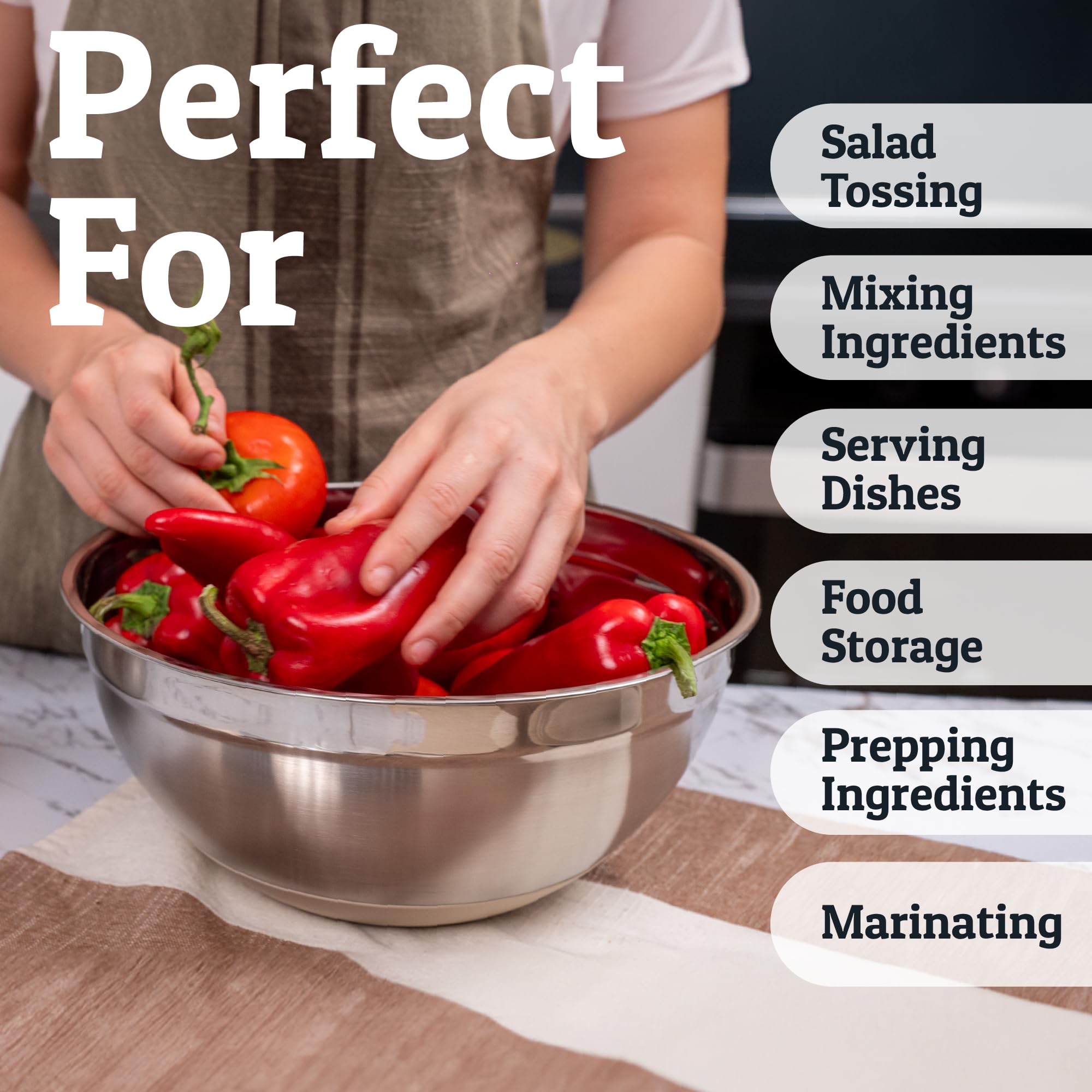 Priority Chef Edelstahl-Rührschüsseln mit Deckel, Premium, 30-teilig, mit 6-teiligem Metallschüssel-Set für Küche, 3 Reiben, luftdichte Deckel, rutschfeste Böden und Silikon-Utensilien, Khaki