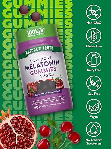 Miniatura 3 de Nature's Truth Gomitas de melatonina  1 mg  60 unidades  Veganas, sin OMG y sin gluten  Sabor a granada cereza