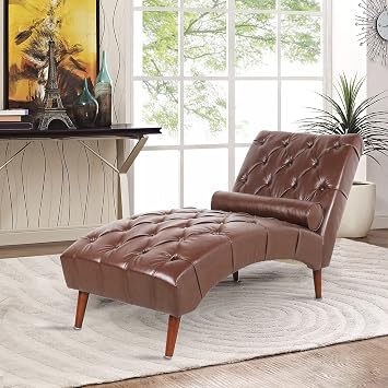 Simple Chaise Lounge Indoor, Upholstered Couchwith with Pillow Lounge Chair for BedroomBrown Leather Dark Brown