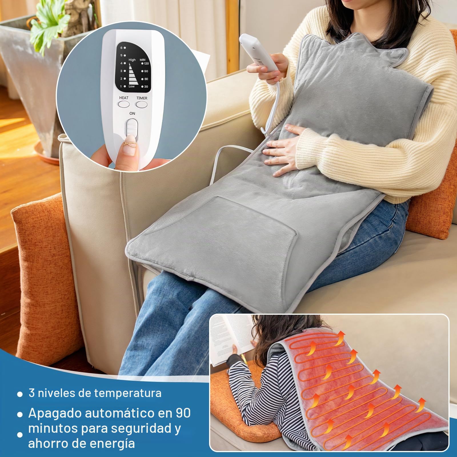 Nalezuns Manta Eléctrica Espalda, ctrica la Espalda 138x42cm, Hombros y Cuello, 6 Niveles de Calentamiento, Eléctrica Termica para Espalda y Hombros Lavable a Máquina, Desconexión Automática