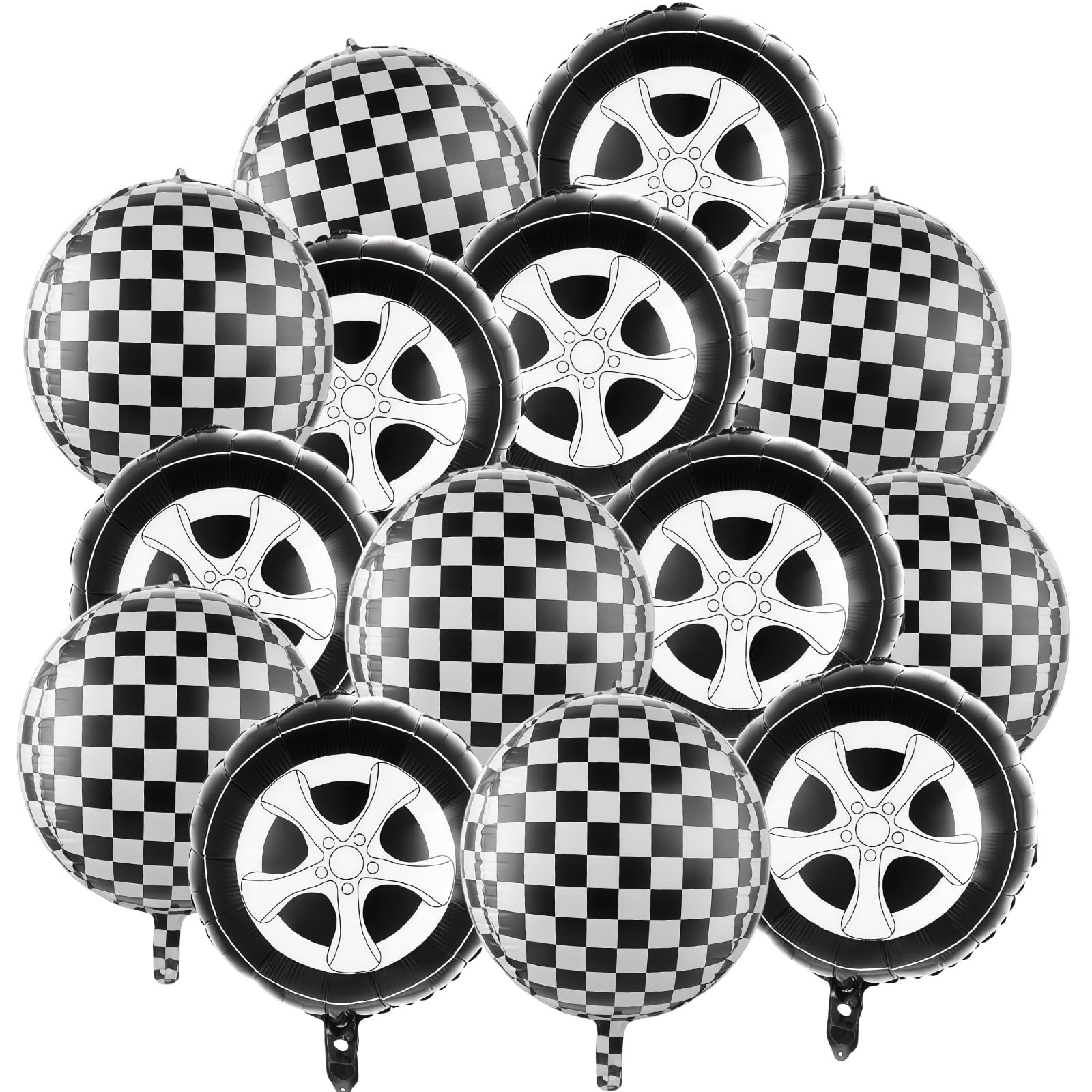 14Pcs Black and White Checkered Round Balloons and 18 Inch Tire Balloons Racing Themed Aluminium Foil Balloons for Car Racing Events Motorsport Birthday Celebrations and Automotive Themed Gatherings