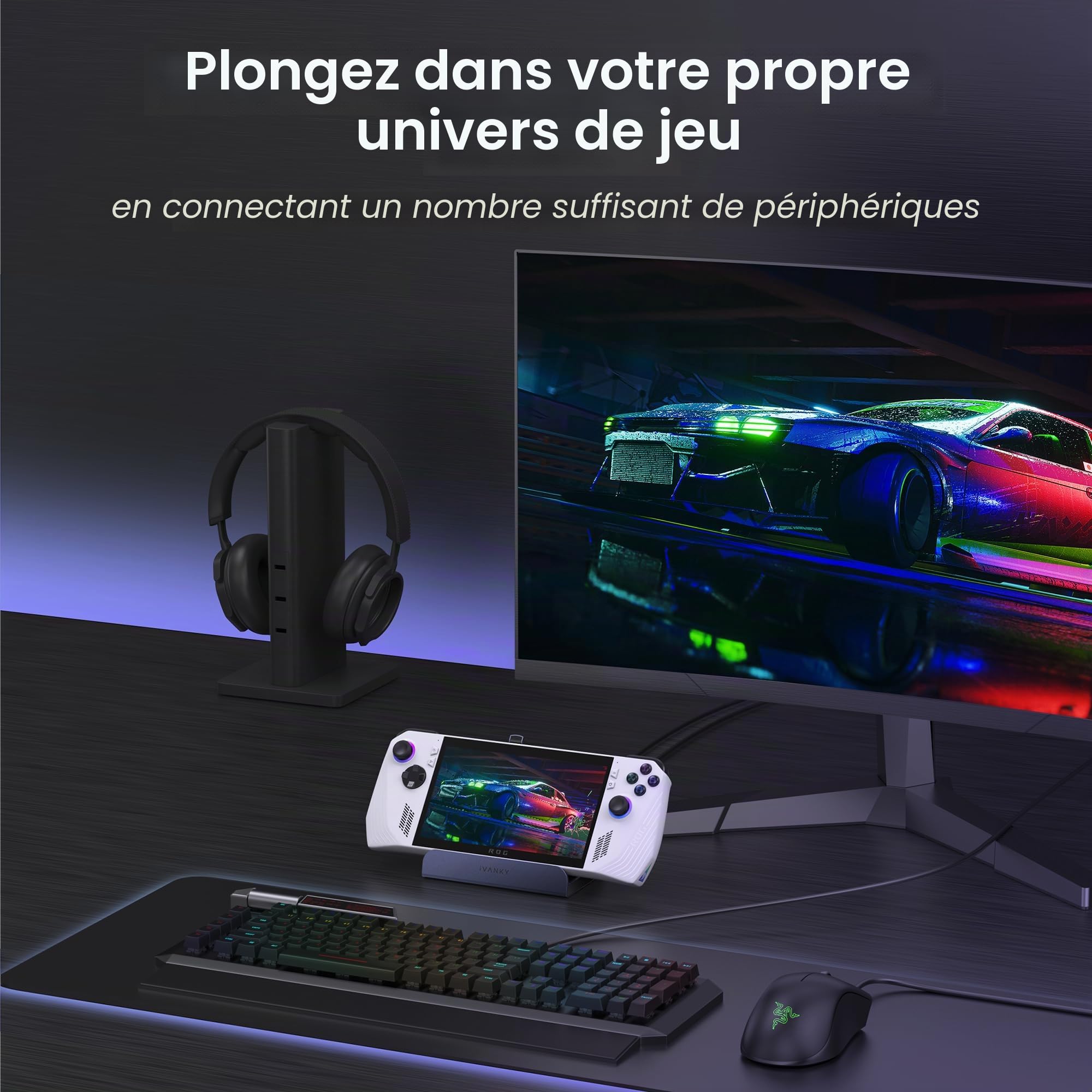 iVANKY 8-en-1 Dock ROG Ally X avec HDMI 2.1 4K@144Hz, 3 Ports USB-A 3.0, Charge USB-C 100W, Ethernet 1Gbps, Station d'accueil Compatible avec ASUS ROG Alloy X/Legion Go/Valve Steam Deck