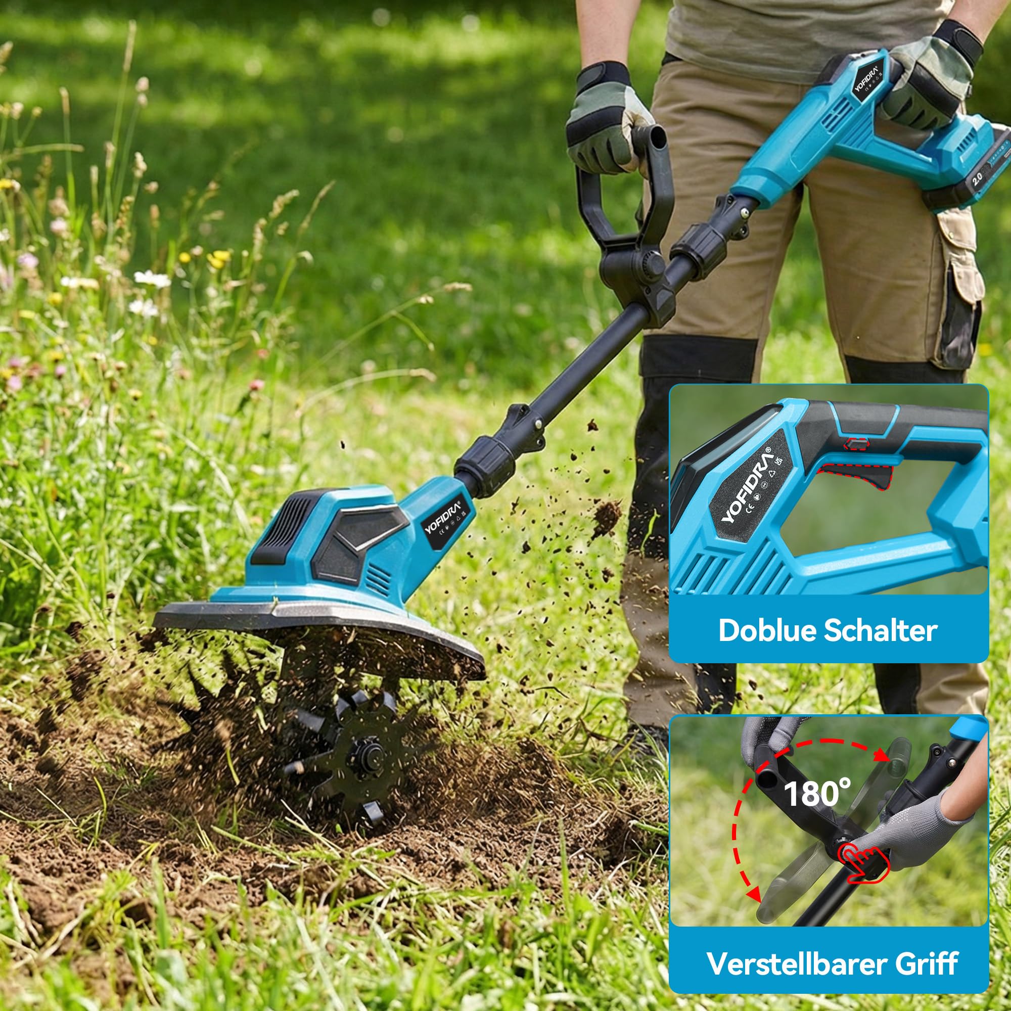 Yofidra Akku-Bodenhacke Gartenfräse - 600W Motorhacke mit 23cm Arbeitsbreite, 17cm Arbeitstiefe, LED-Anzeige, 2x2.0Ah Akku, 4x12 Zähne Bodenfräse für Bodenbearbeitung, Elektro-Tiller für Garten