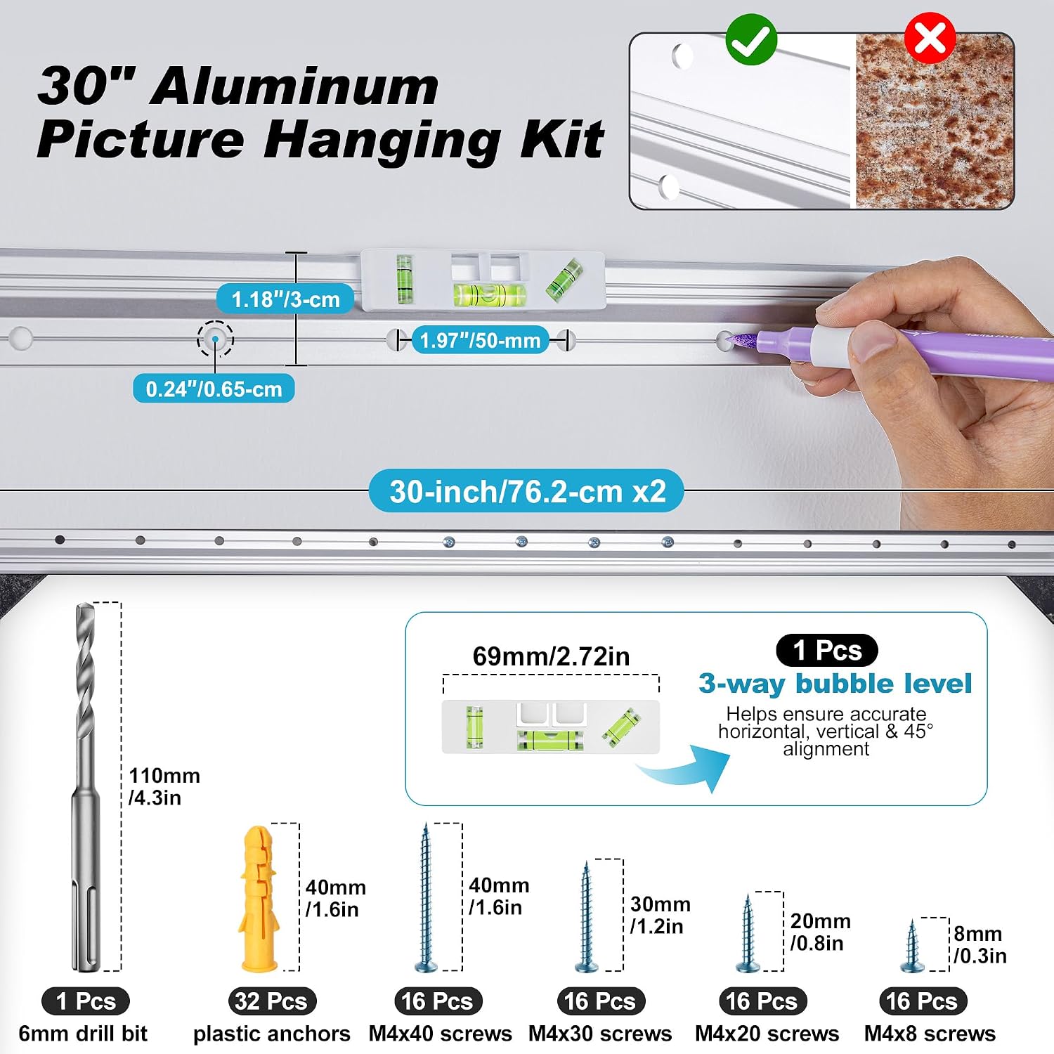 2 Pairs French Cleat Hanger 30 Inch, 200 lbs, Aluminum Picture Hanging Kit | 5-Min Easy Install, Slim Z Bar Hanger, Securely Interlocking, Heavy Duty Hanging Baskets for Art, Frame, Mirror,Cabinet,Board