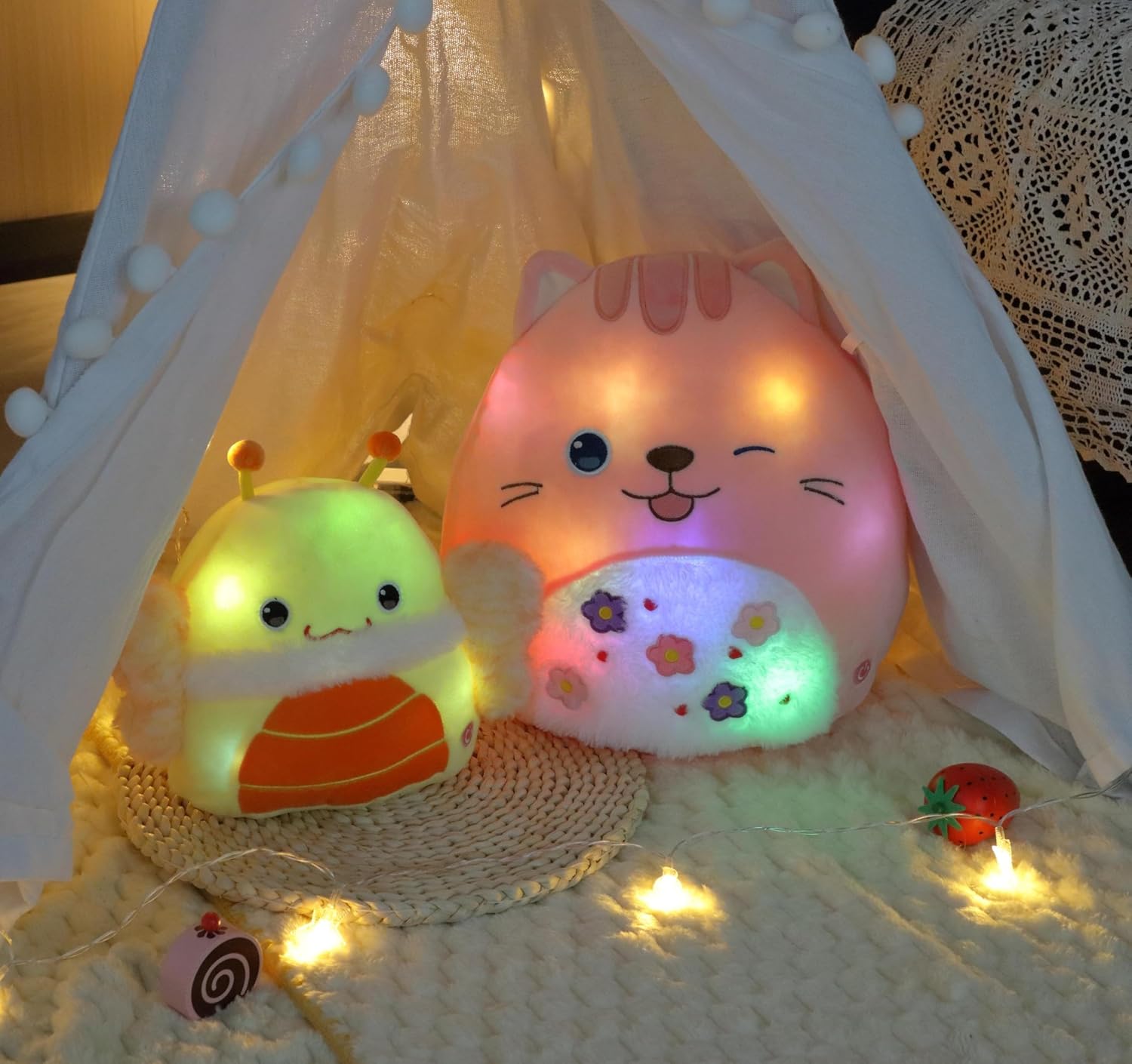 Easfan 12" LED Kitty Plush Pillow Soft Pink Cat Glowing Plush Toy Cute Stuffed Animal Home Room Decoration Birthday Get Well Gifts for Kids Toddlers