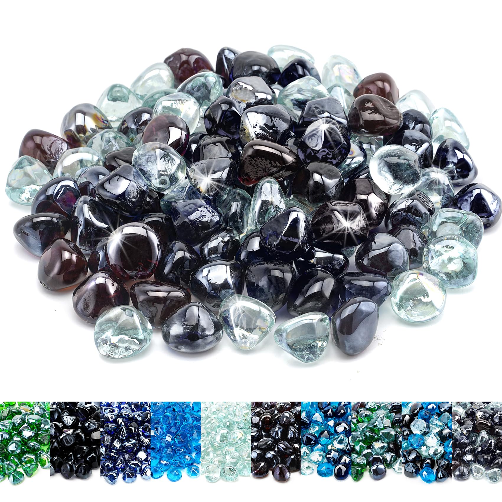 skyflame 10-pound blended fire glass diamonds for fire pit fireplace landscaping, 1/2 inch onyx black, crystal ice, amber luster