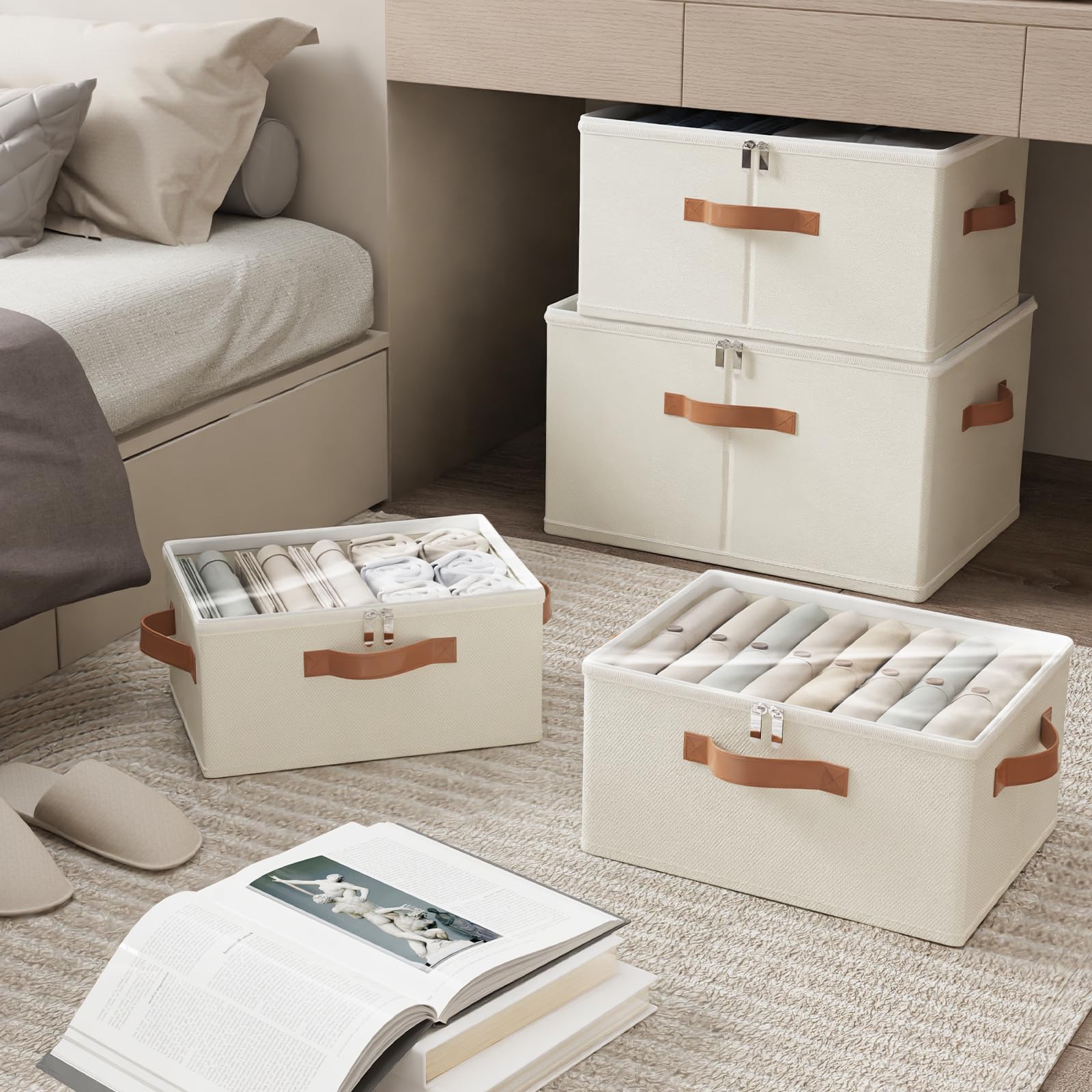 OUTBROS 2 Set Scatole Portaoggetti, Scatole Pieghevole, 50x40x30 cm, Beige | Scatole armadio in tessuto con coperchio per vestiti, Cassettiera per armadio interno con maniglie