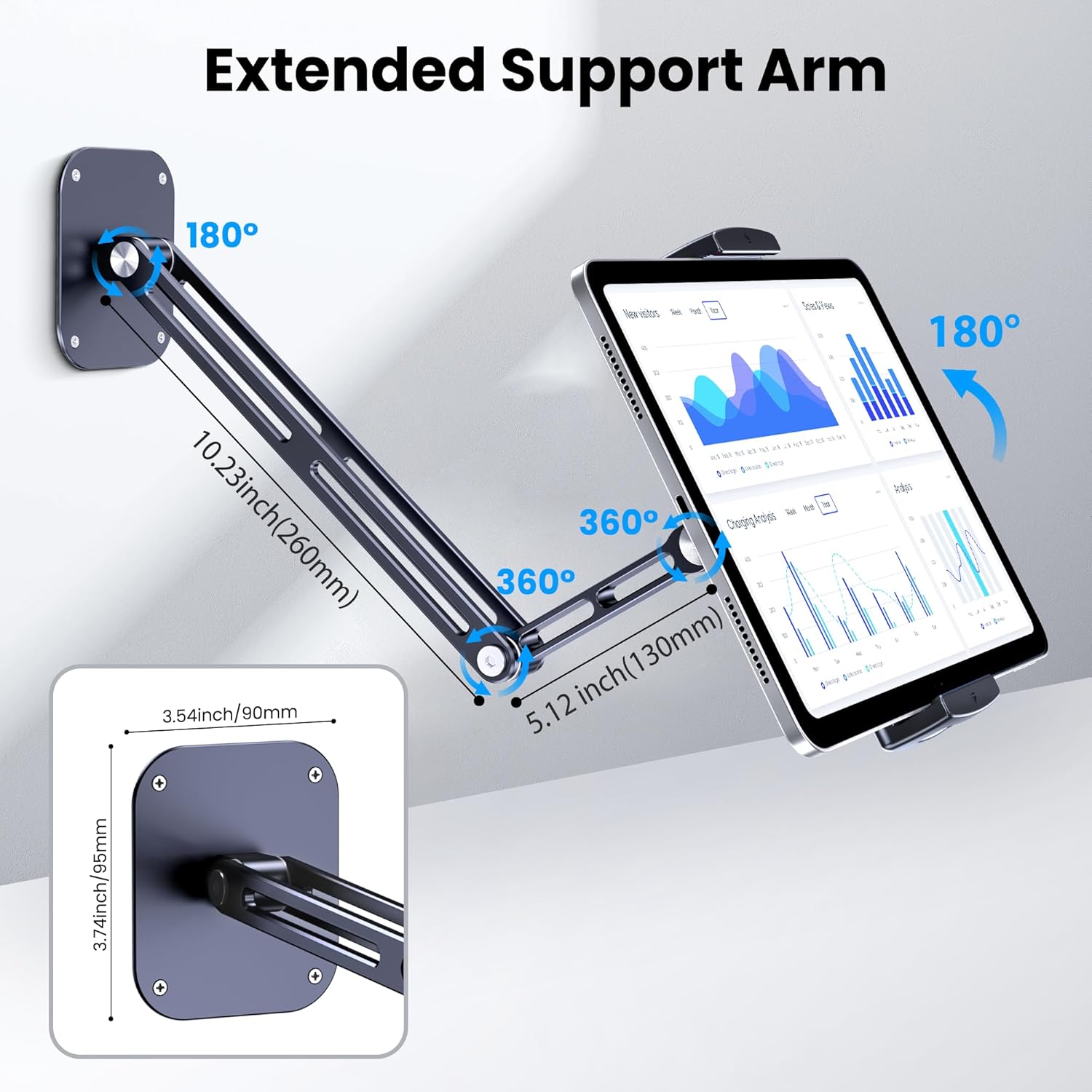 Extended Version Tablet Wall Mount Holder, 15" Aluminium Wall Mount for IPad with 360° Adjustable Rotating Base for iPad Pro Air Mini, Galaxy Tab, All 4.7-13" Phones and Tablets (Long Style)