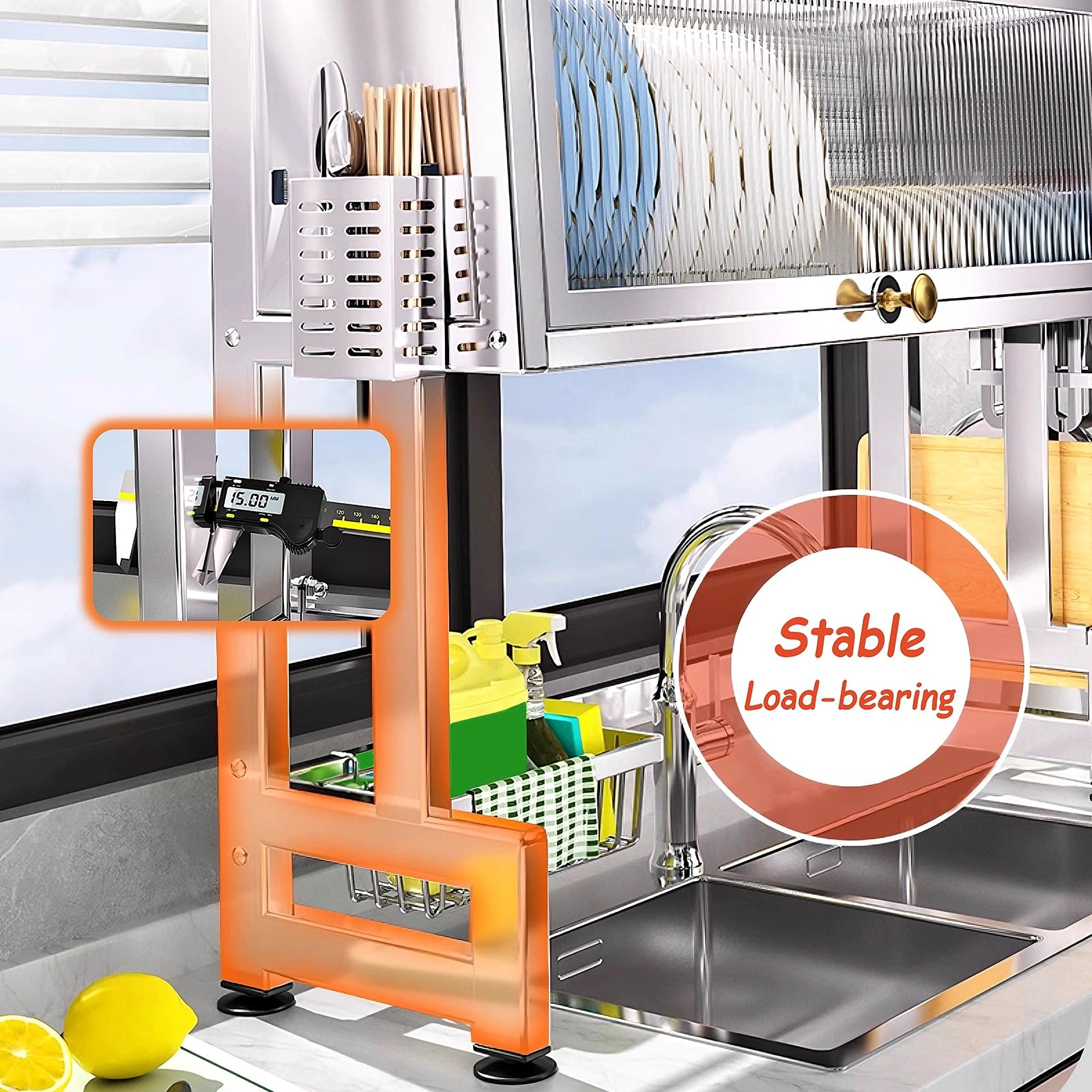 Abtropfgestell mit 2 Ablagen Über der Spüle Spülbecken Organizer Edelstahl Schmal mit Tür und Saugnapffüßen Küchenorganizer Spüle Organizer für Einzel und Doppelspülen(75 * 27.5 * 79.5cm)