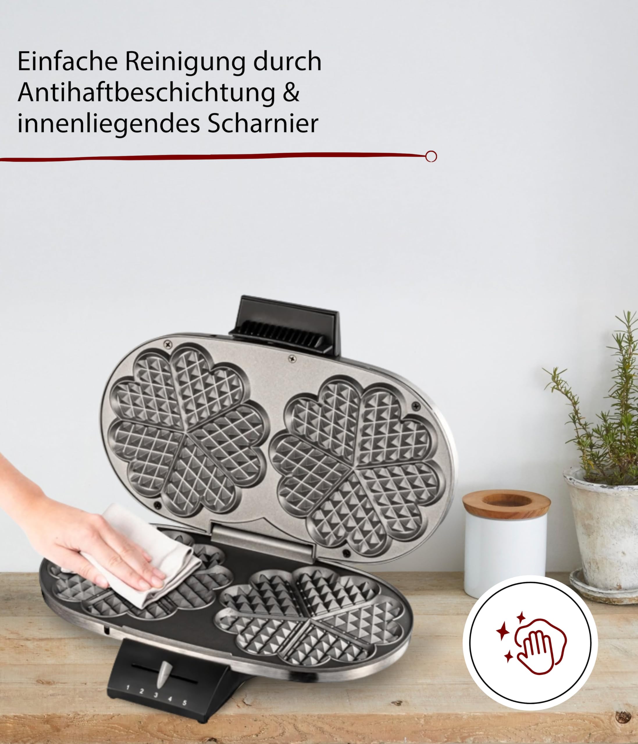 Cloer 1329 Doppelwaffeleisen für 2 Herzwaffeln mit 15,5 cm Durchmesser, Waffeleisen mit Antihaftbeschichtung, Edelstahlgehäuse, stufenlosem Bräunungsgrad und optischer Fertigmeldung, PFAS-frei, 1700 W