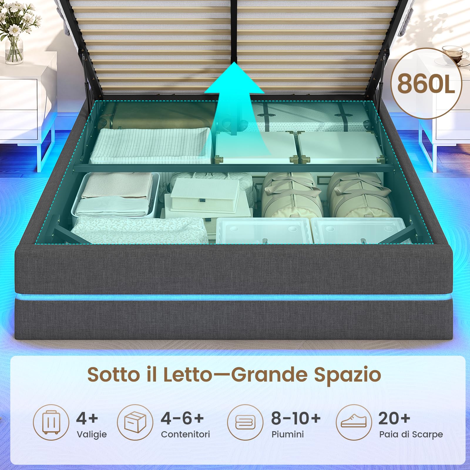 AOGLLATI Letto Matrimoniale 140x190 con Sollevamento Idraulico Grigio Scuro