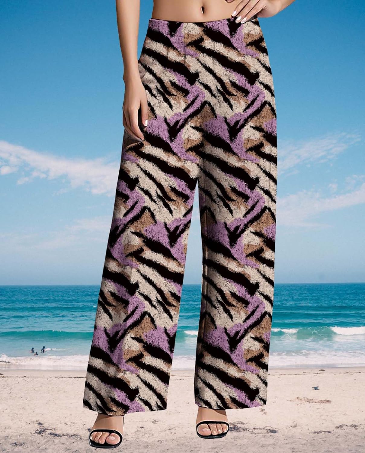 Womens Wide Leg Pants Plus Size High Waisted Pattern Print Lounge Trousers Classic Basic Comfy Work Office Pant - Image 3