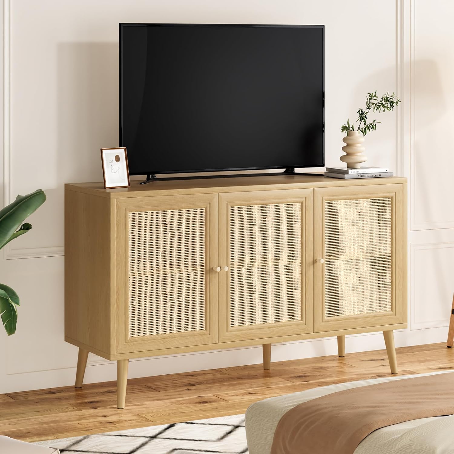 Farini 47.2" Buffet Cabinet with 3 Rattan Doors,Kitchen Sideboard for Dining Room, Hallway & Living Room, Coffee Bar Storage Console Table,Natural