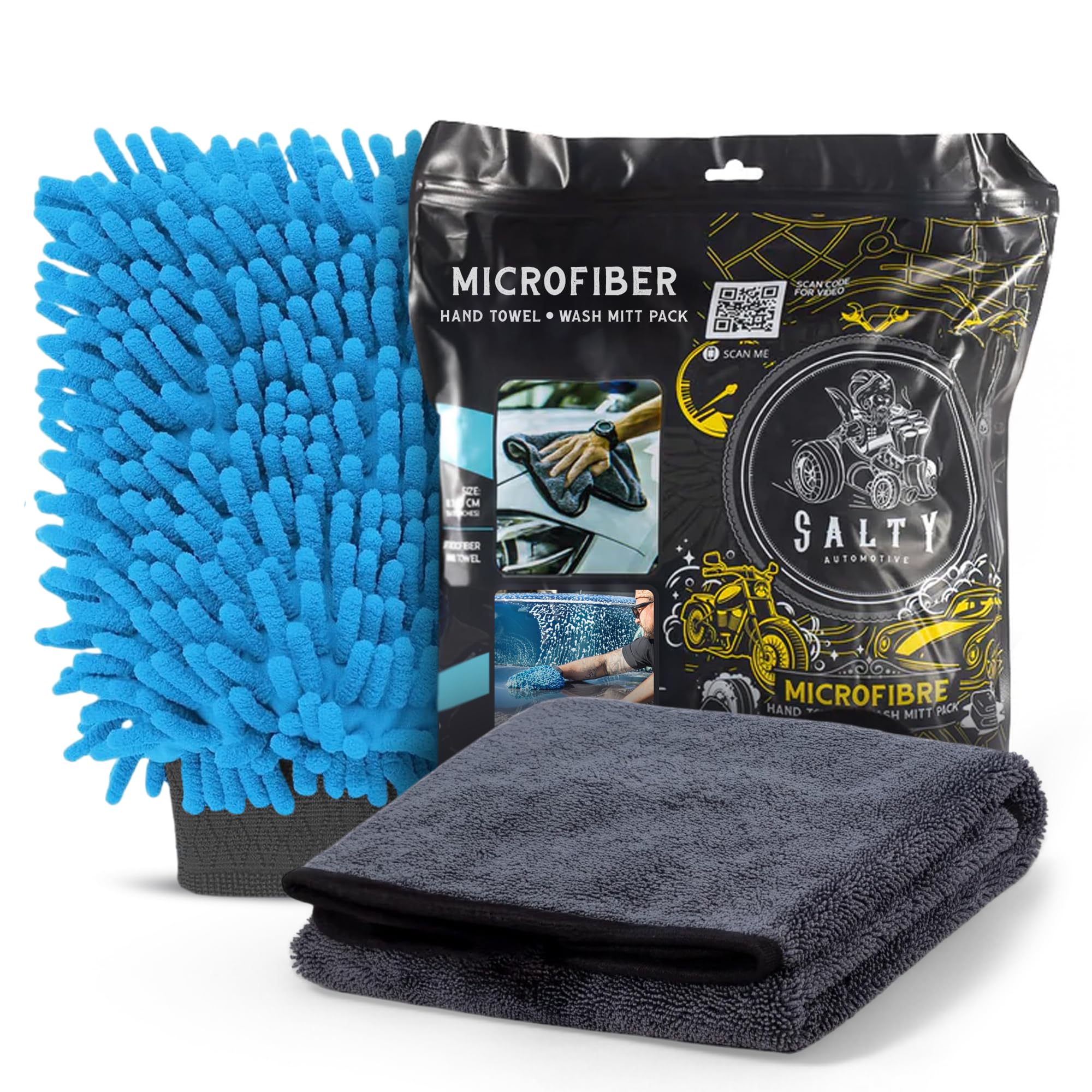 Salty Captain Microfibre Mitt & Towel Set – Ultra-Soft Wash Mitt for Scratch-Free Cleaning – XL Car Drying Towel for Streak-Free Shine – Interior & Exterior Car Detailing Kit