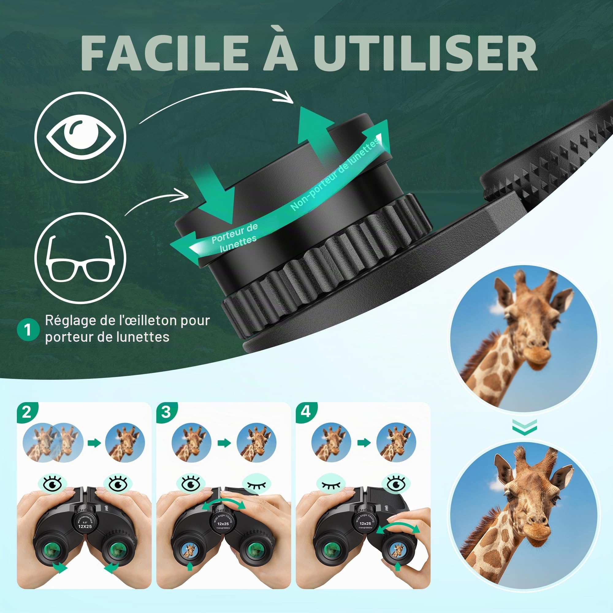 Kylietech Jumelles Compactes 12 x 25, Jumelles Légères pour Adultes et Enfants, Optique FMC Multi-Couches et Prismes BAK-4, Idéales pour Les Sports de Plein Air, Les Voyages, La Chasse, Les Concerts
