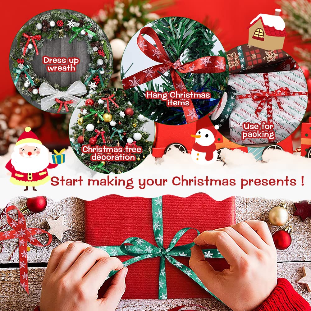 Cinta de Regalo de Lazo de Navidad, 50 Metros Cintas de Tela de Cinta de Raso Navidad para Embalaje de Regalo, Cinta Decorativa10mm Ancho para Bodas Manualidades Decoración (Verde, Rojo)