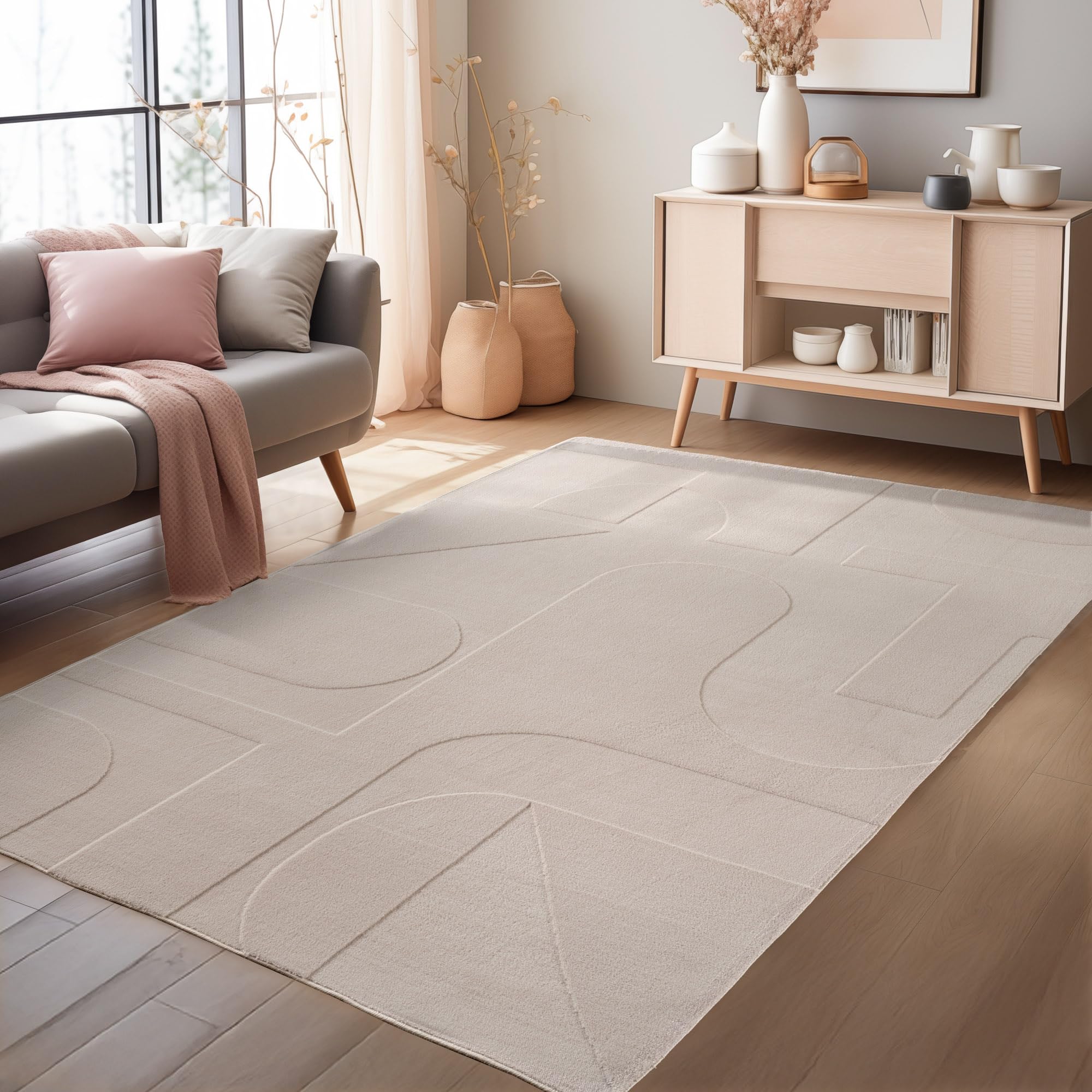 HomebyHome Tapis bohème 160 x 230 cm crème Poils courts scandinaves doux Effet 3D Lavable et facile d'entretien Moderne pour salon, salle à manger ou chambre