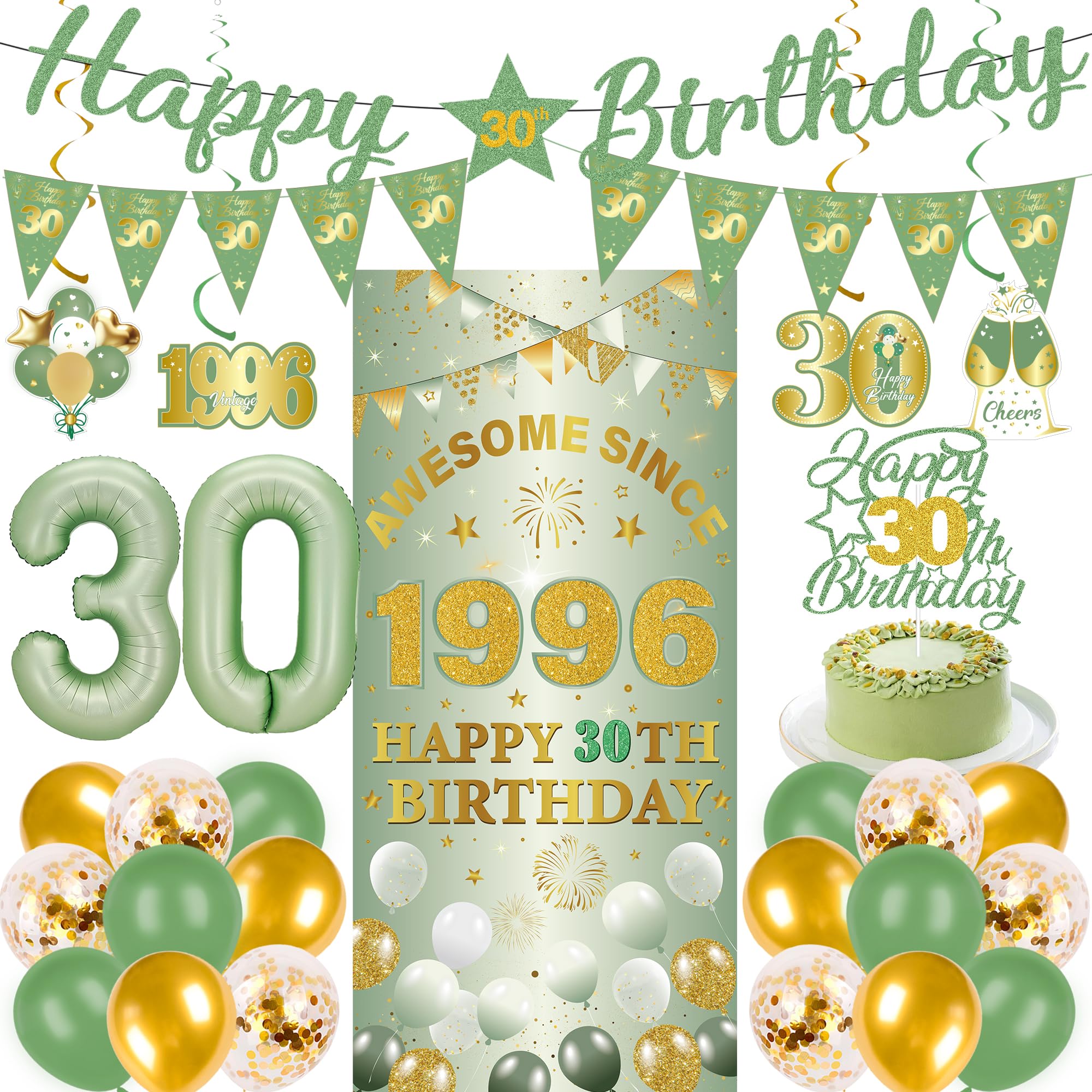 30th Birthday Decorations Men Women - 27 Pcs Green Gold Happy 30th Birthday Banner Triangular Flag Hanging Swirls Backdrop Cake Topper 30 Balloon Set for 30 Years Old Party Decoration Supplies