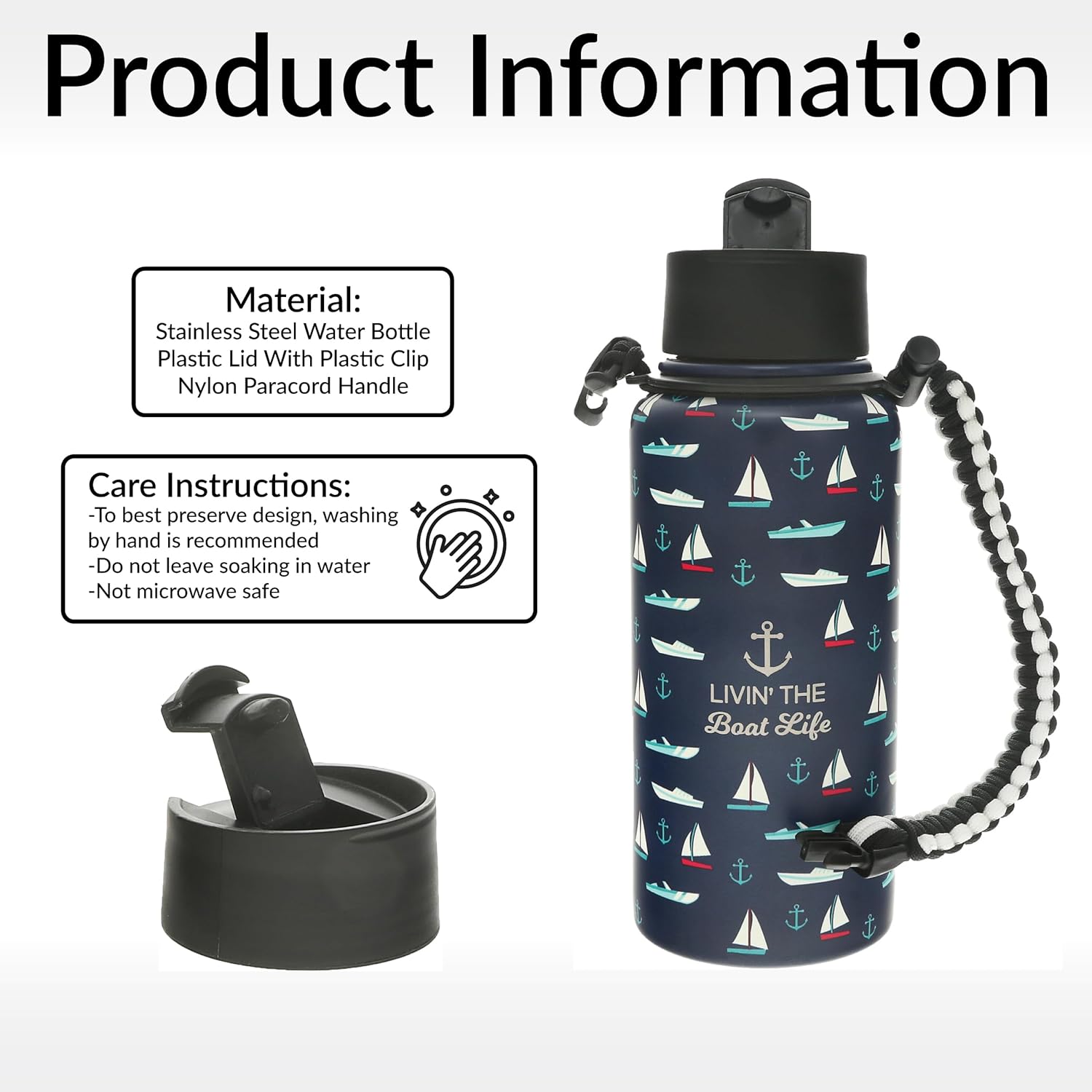 Pavilion Gift Company - Livin' The Boat Life - 32oz Stainless Steel Travel On The Go Water Bottle Coffee Thermal With Survival Rope Handle - Boat Beach Lake Lover Gift - 12 Hrs Cold & 6 Hrs Hot - Image 6