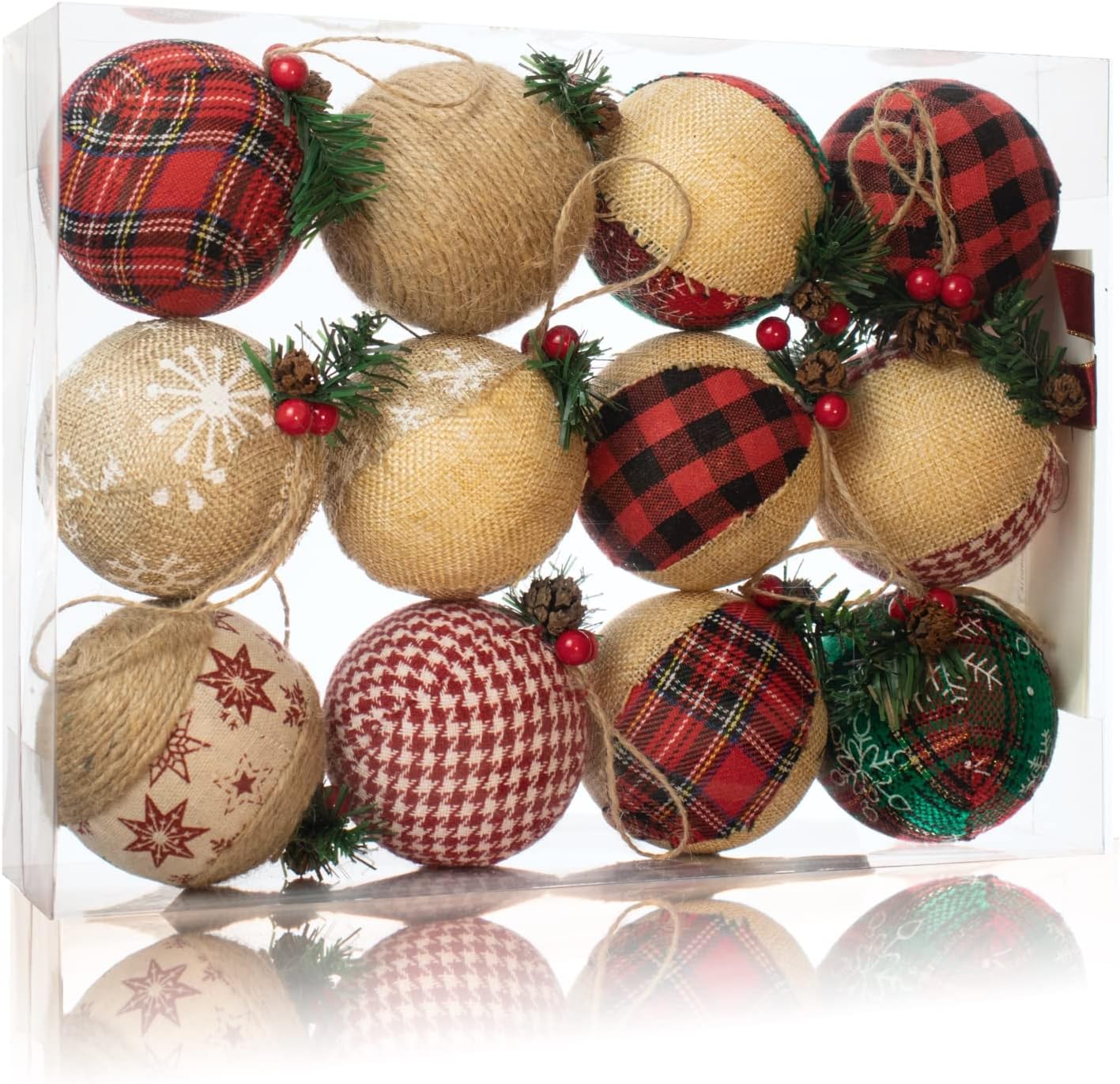 12 Pcs Burlap Christmas Ball Ornaments, Rustic Farmhouse Christmas Tree Ornaments, Natural Jute Christma Decorations for Family, Xmas Holiday, Family Party