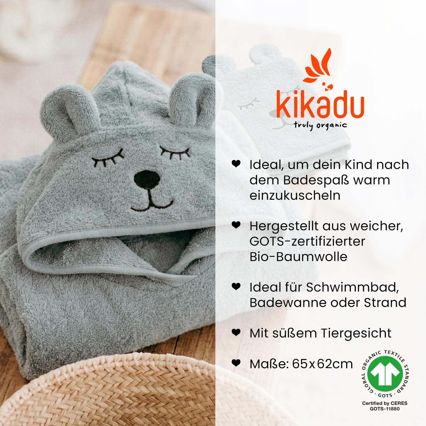 kikadu Poncho Eisbär für Babys & Kinder, GOTS-zertifiziertes Kinderhandtuch mit Kapuze, weiches Badetuch mit Tiermotiv, ideal für Bad, Schwimmbad & Strand, maschinenwaschbar bei 40 °C