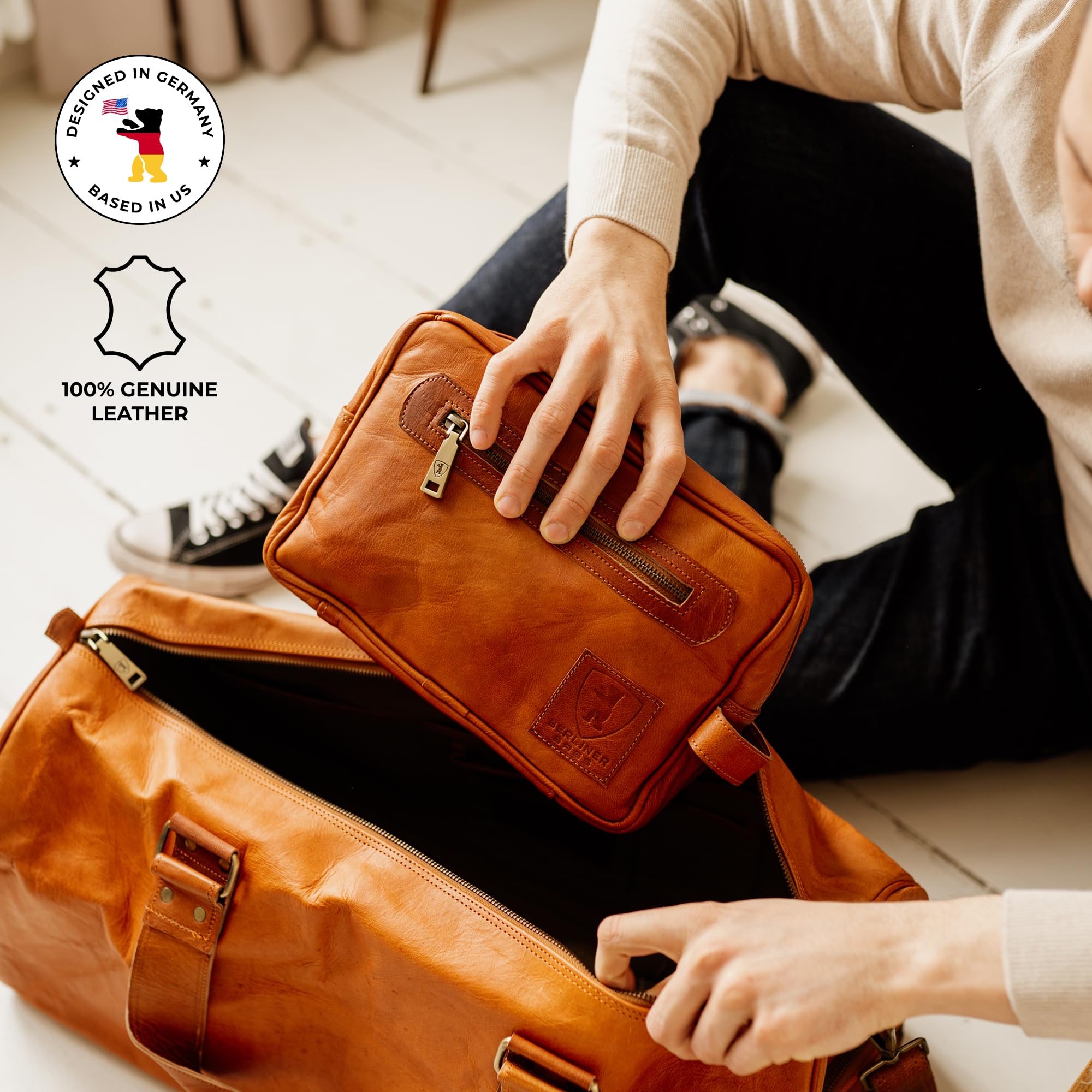 Berliner Bags Vintage Kulturbeutel Paul aus Leder, Kulturtasche für Damen und Herren für Reisen - Braun
