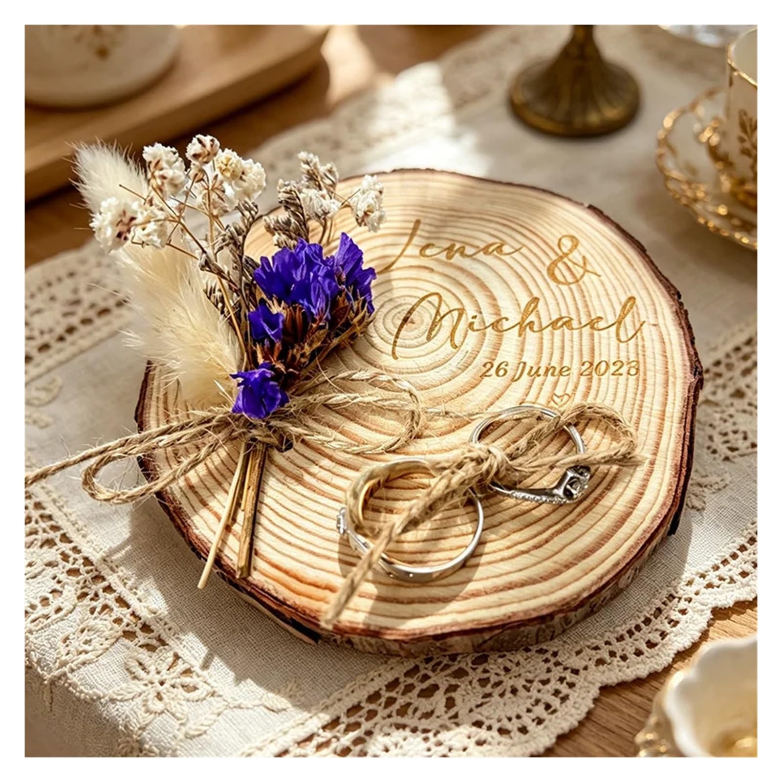 Portafedi In Legno Per Matrimoni Cuscino portafedi personalizzato, fetta di legno