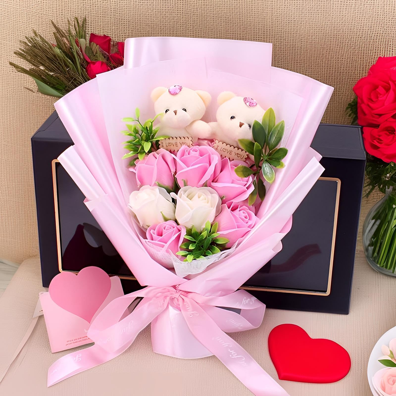 Bouquet de Fleurs Savon Bouquet Floral Artificiel Arrangement Floral avec Ours En Peluche Décoration Fête Anniversaire Adapté pour Salon Chambre Table, rose