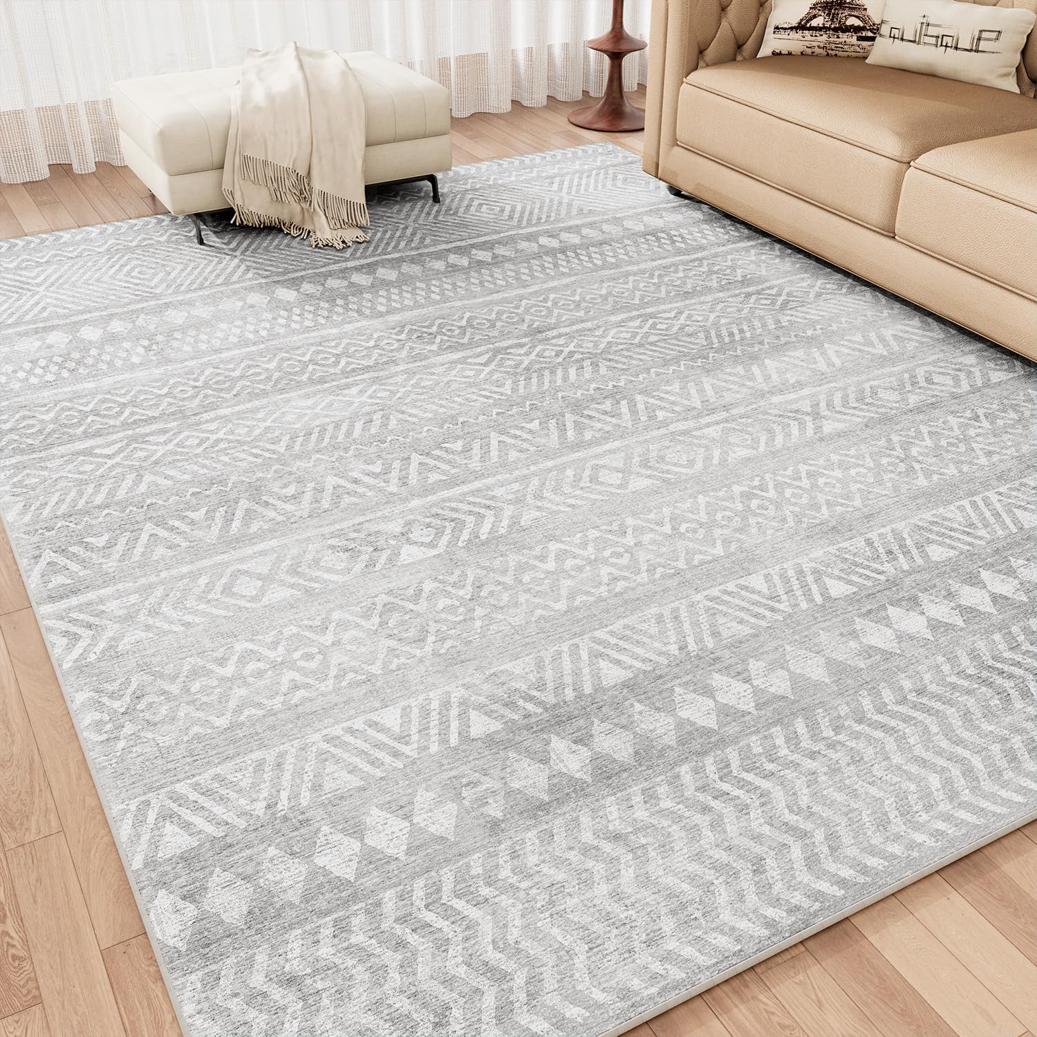 White Solid Plush Shaggy Oriental Area Rug 5x8, image size:1500x1500