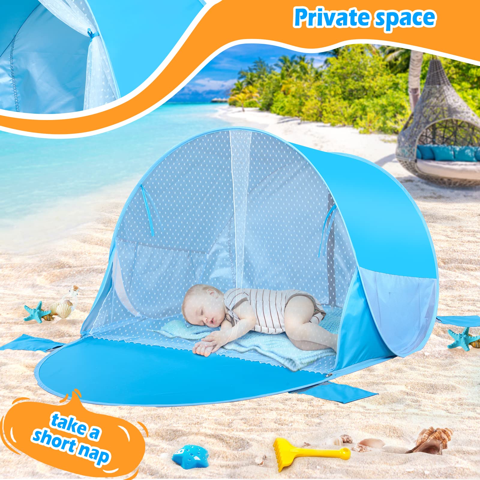 JungleDove Pop Up Baby Beach Tent with Pool and 4 Windows Extendable Beach Canopy Tent for Picnic Camping Beach Fishing Outdoor and Indoor Fun Baby Beach Essentials-Blue (Blue)