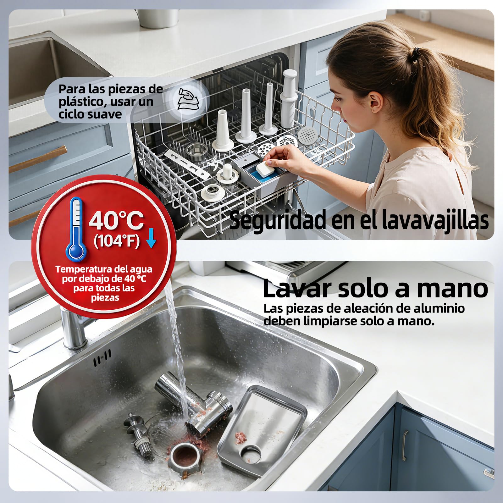 FIMEI Picadora de Carne Eléctrica, 4 en 1 Máquina Picadora Carne con 3 Placas, 2 Cuchillas, 3 Embutidores, Moule à kibbe, Accesorio Galletas, Función Inversa, Base de Acero Inoxidable y Antideslizante