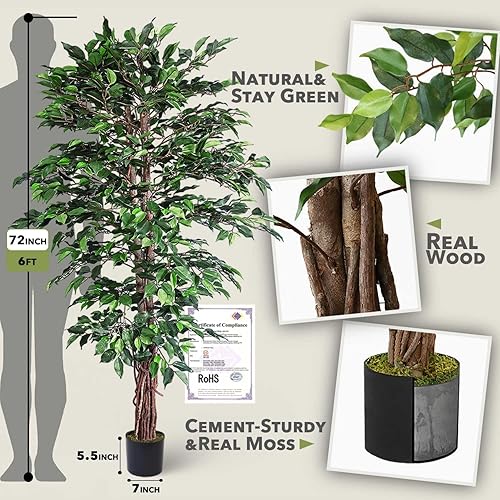 Miniatura 2 de Aveyas Árbol de ficus artificial de 6 pies para decoración del hogar, 6 pies, árboles de seda sintética con maceta para interiores y exteriores,