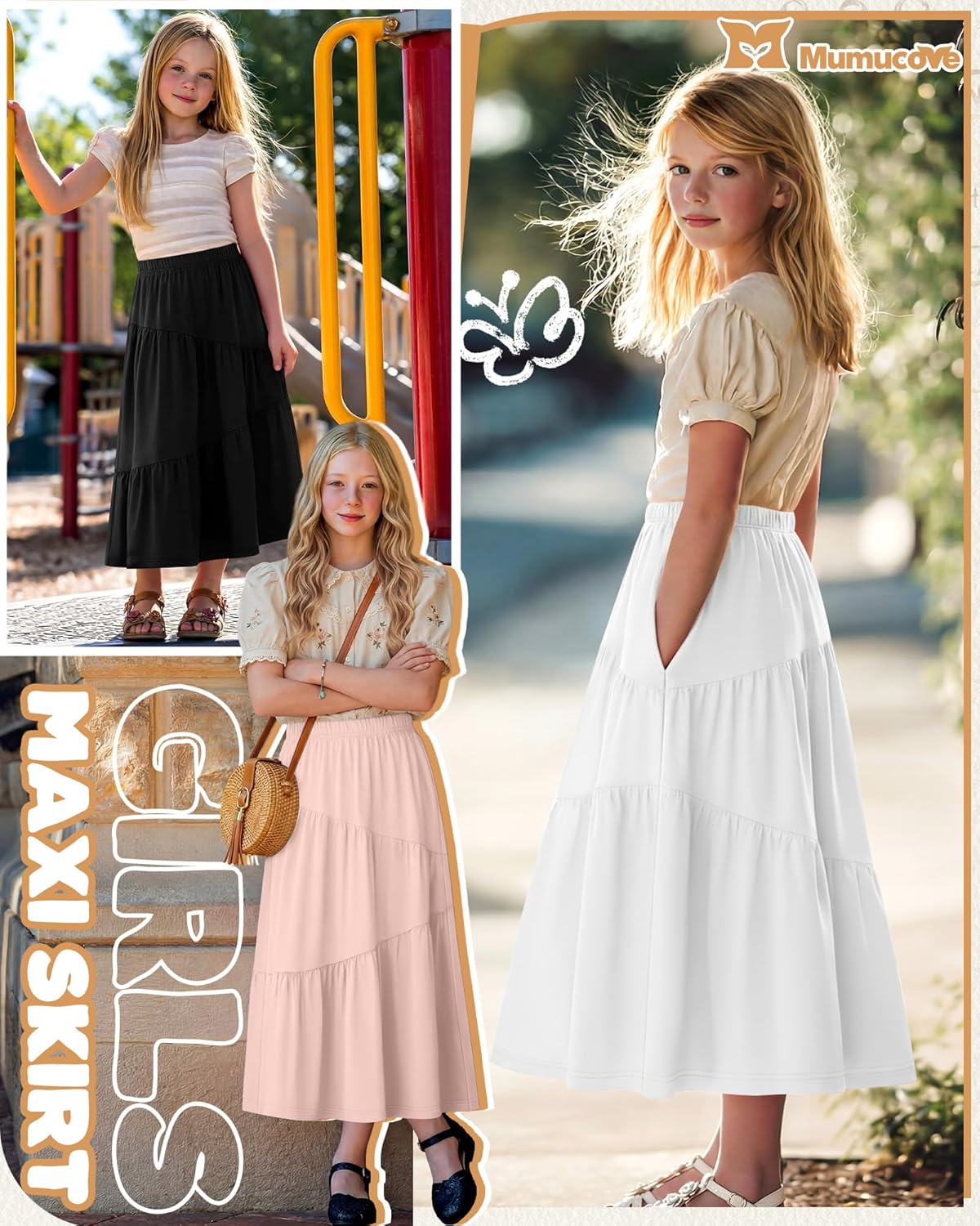 3 Pack Girls' Maxi Tiered Skirts with Pockets 5-16 Years Long Casual Flowy Swing Elastic Waist Ruffle Summer Skirts