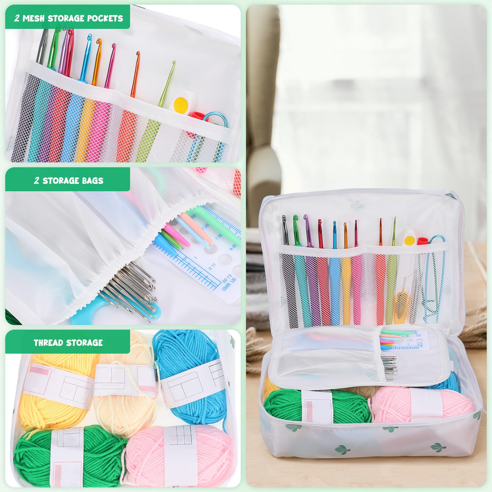 BELLIFFY Kit de Crochet para Principiantes con white de Plástico Hilo Ganchos Resistentes y Accesorios Completos con Bolsa Portátil para Manualidades