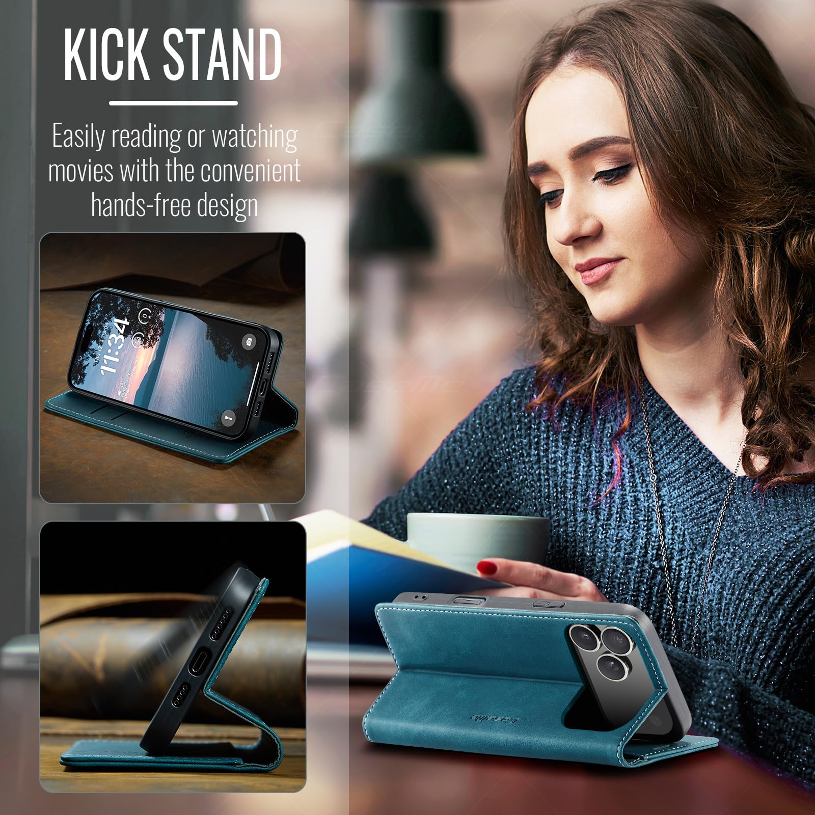 Etui do iPhone 17 Pro z podpórka, skórzane etui z klapką i portfelem z uchwytem na karty, magnetyczne zamknięcie, odporne na wstrząsy, ochronne etui na telefon iPhone 17 Pro, Zielony