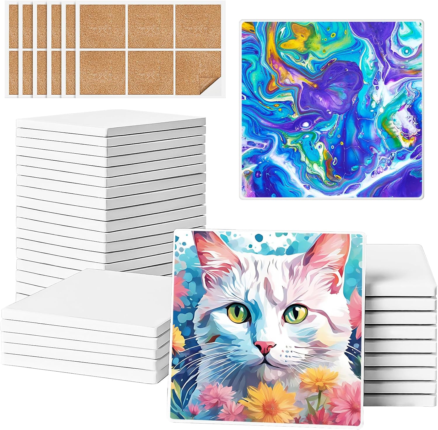 GOHDODD 36 Pack 4 Inch Unglazed Ceramic Blank Coasters with Cork Backing - Ideal for Alcohol Ink, Acrylic Pouring, DIY Crafts & Personalized Gifts